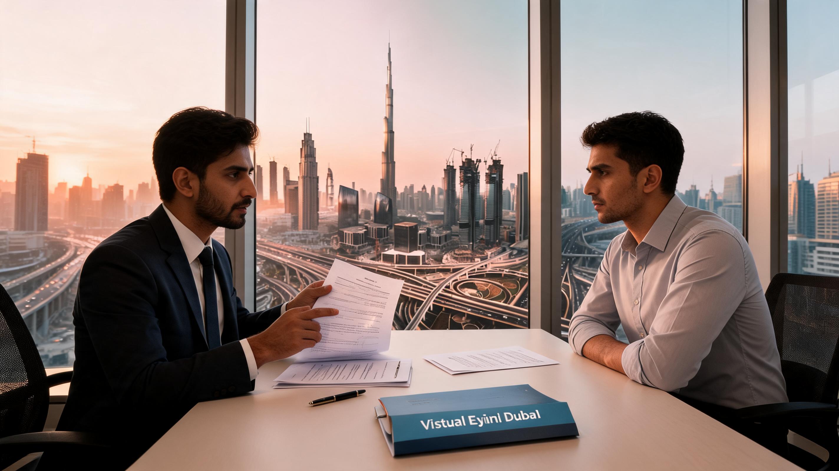 Two men discuss documents at a table in a modern office with a view of Dubai's skyline at sunset.
