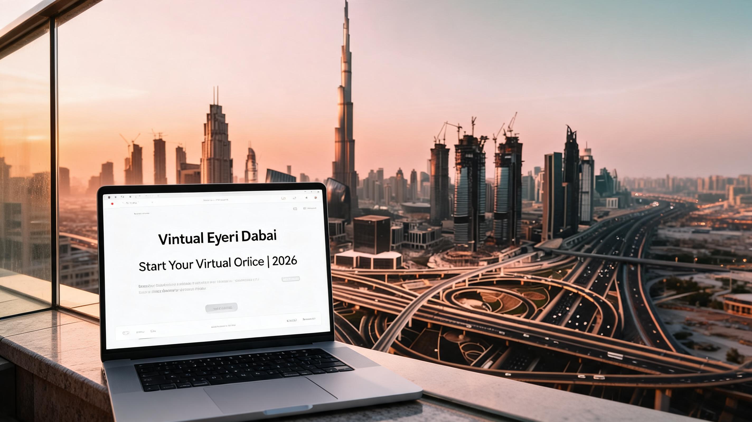 A laptop displaying a virtual office guide sits on a ledge with a Dubai skyline at sunset