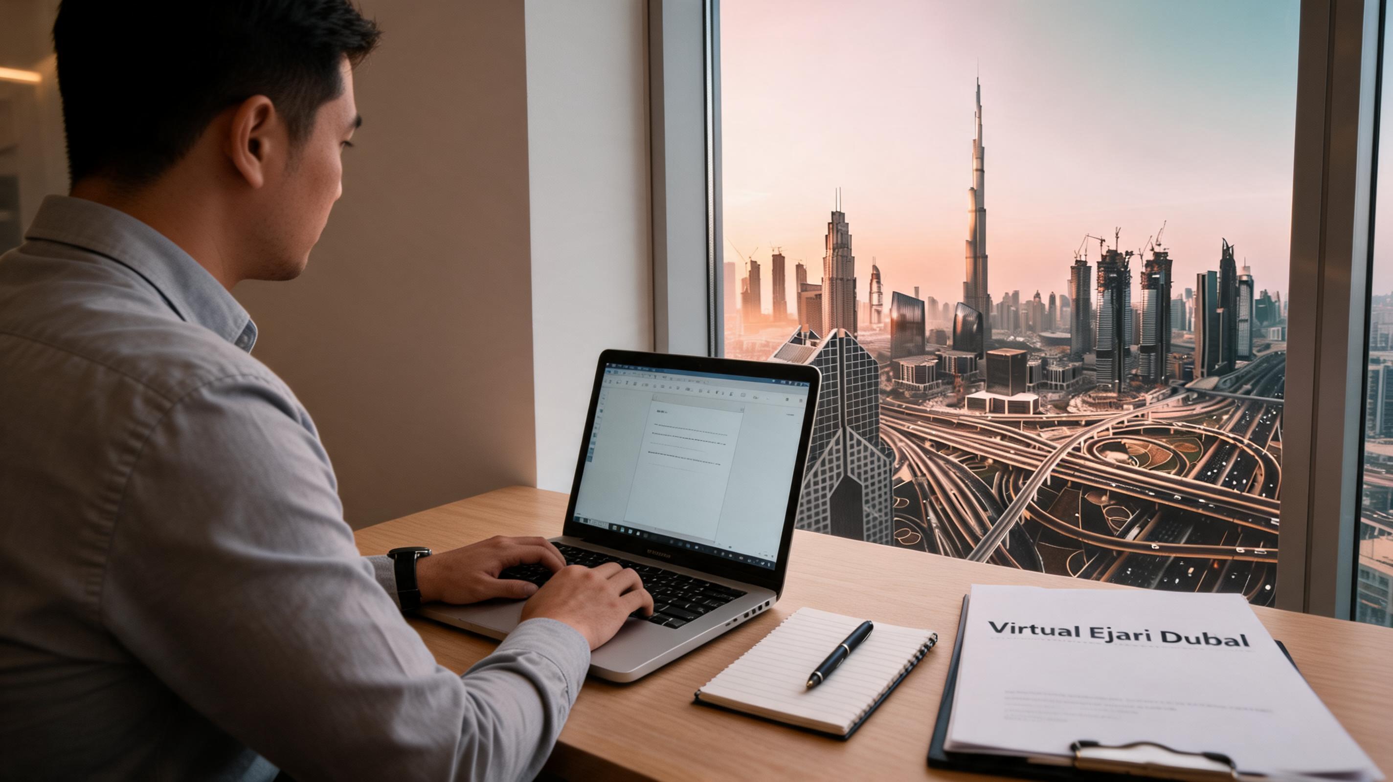 A man working on a laptop at a desk with a view of a city skyline during sunset, highlighting a virtual office setup.