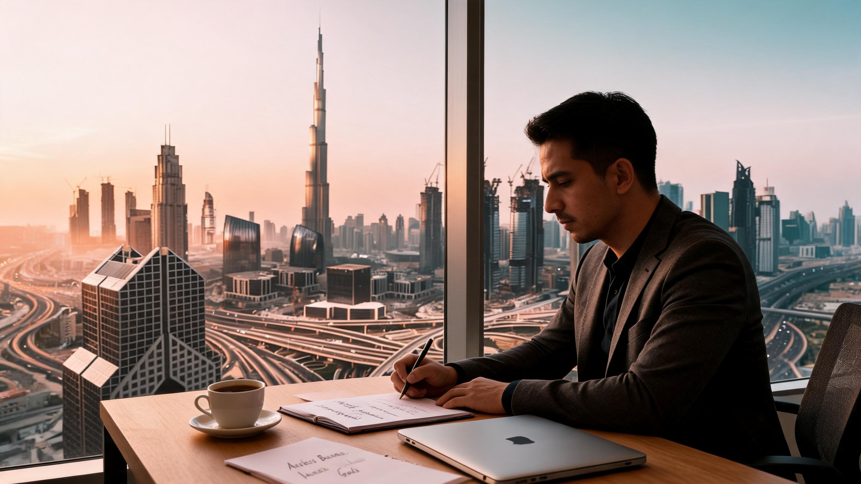 A man in a suit sits at a desk with a laptop and coffee, writing notes while overlooking a city skyline at sunset.