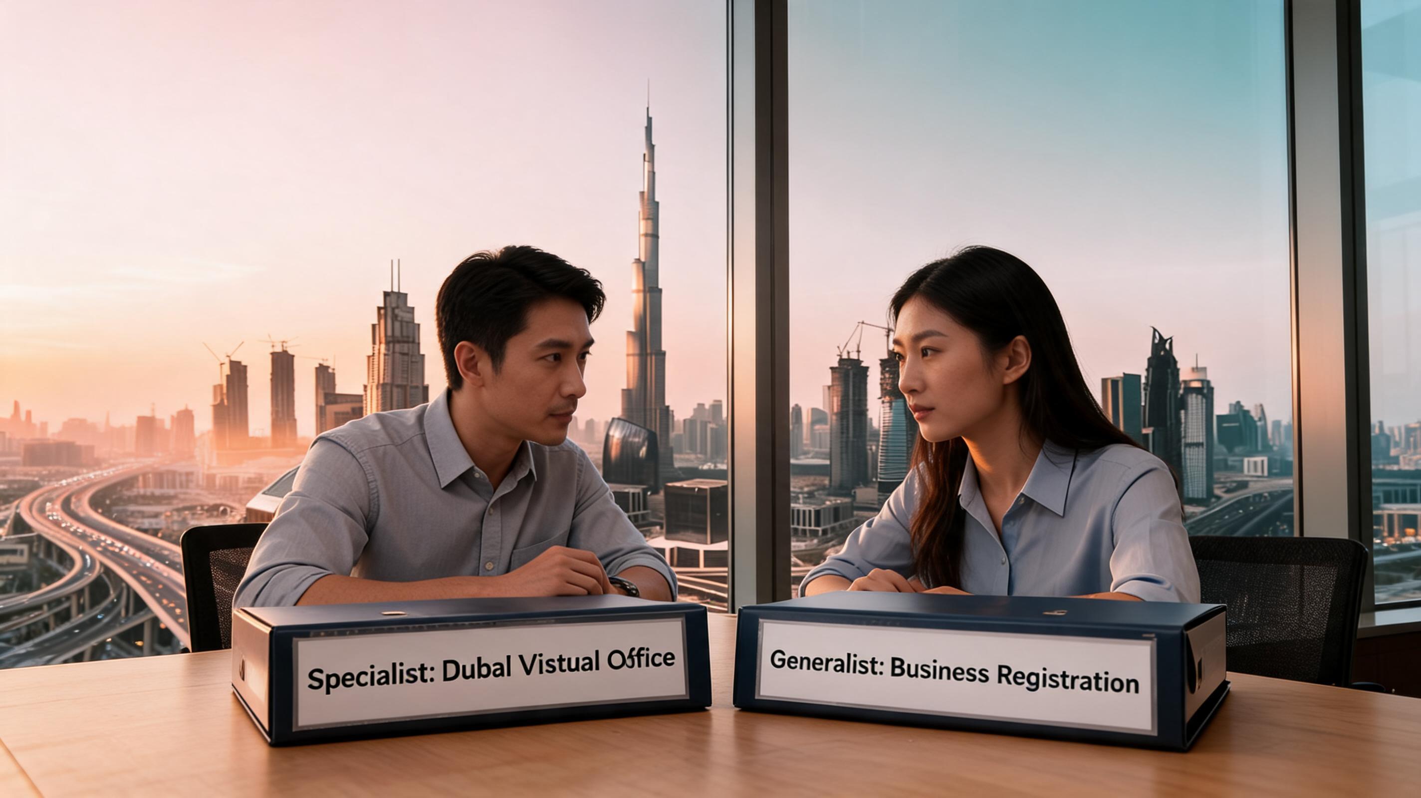 Two professionals seated at a table with labels for specialist and generalist services, city skyline in the background.