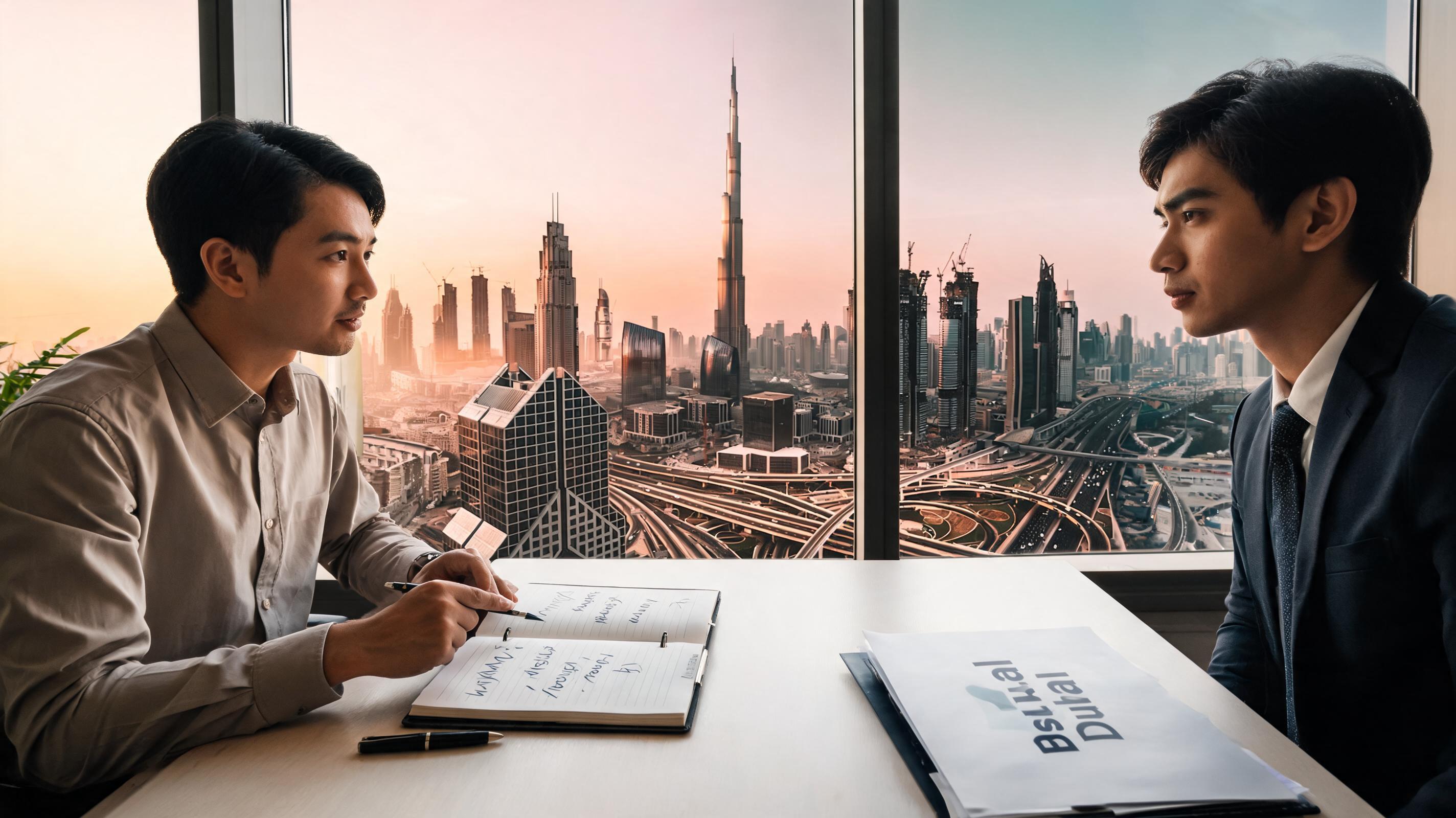 Two men in business attire discuss notes at a table with a view of a city skyline at sunset.