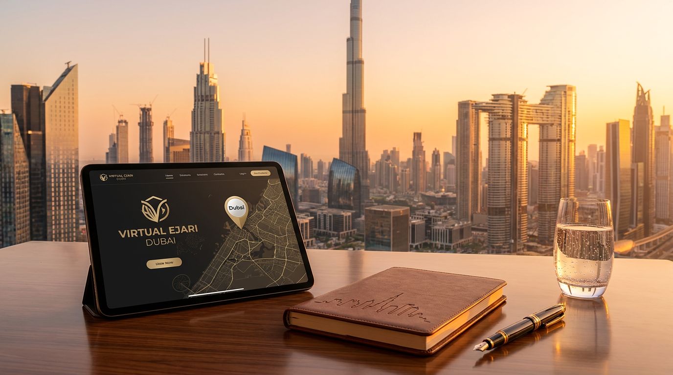 جهاز لوحي يعرض خريطة دبي مع منظر للمدينة في الخلفية، وأدوات مكتبية على الطاولة.