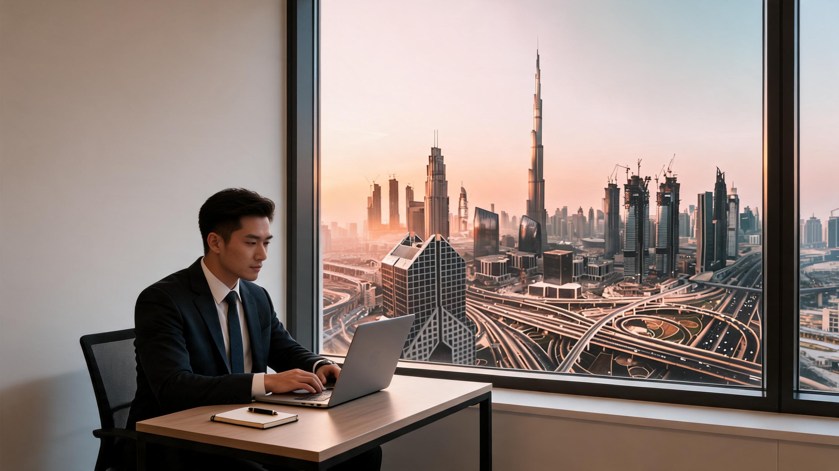 A businessman in a suit working on a laptop at a desk with a view of Dubai's skyline at sunset.