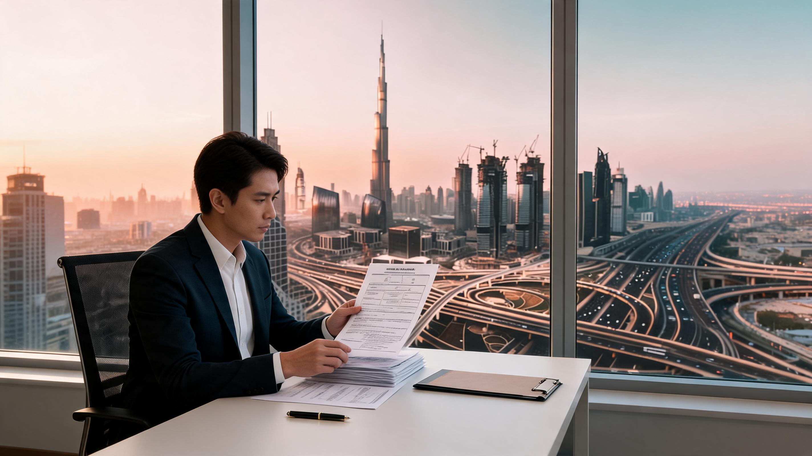 A man in a suit reviews documents at a desk with a view of Dubai's skyline and the Burj Khalifa.