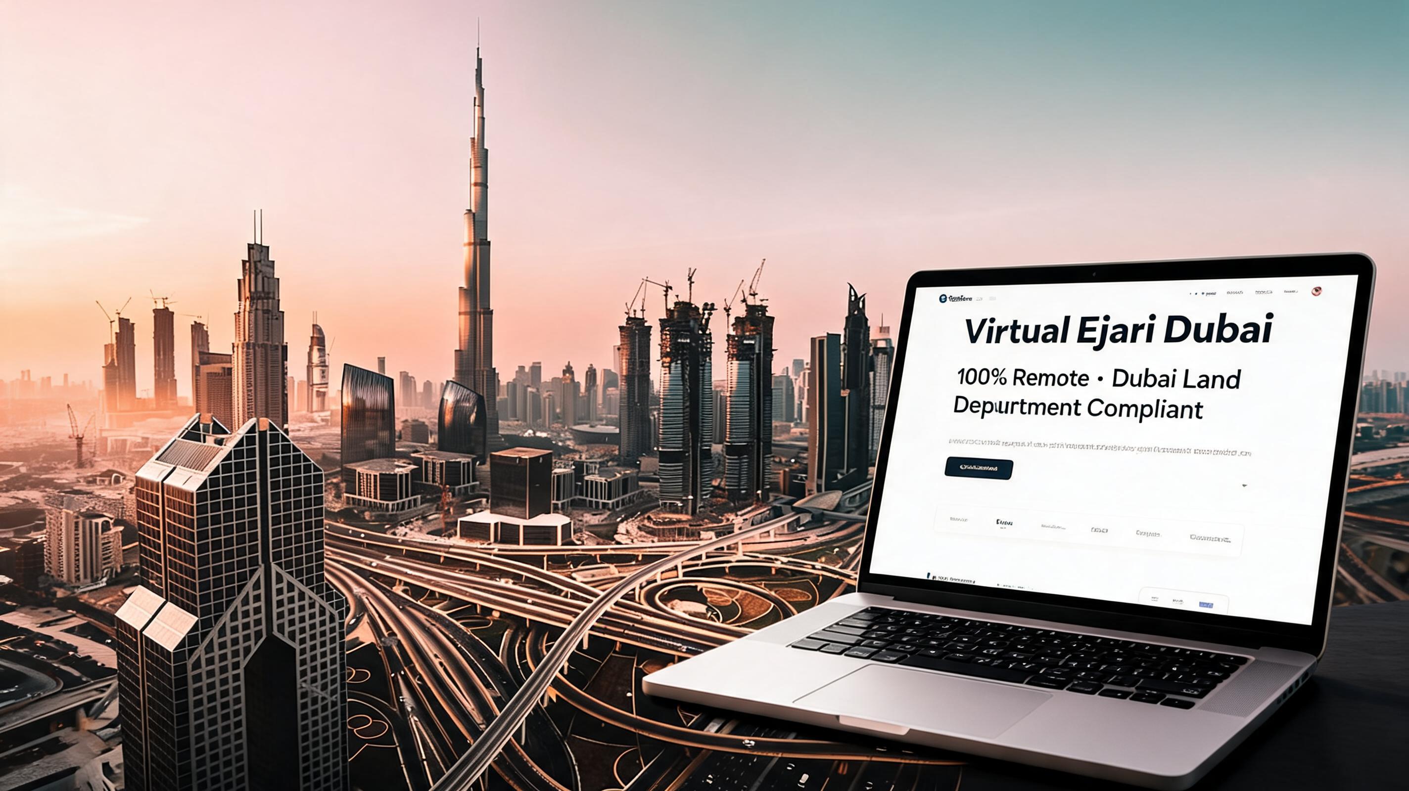 A laptop displaying a virtual office website sits on a table with a view of Dubai's skyline at sunset.