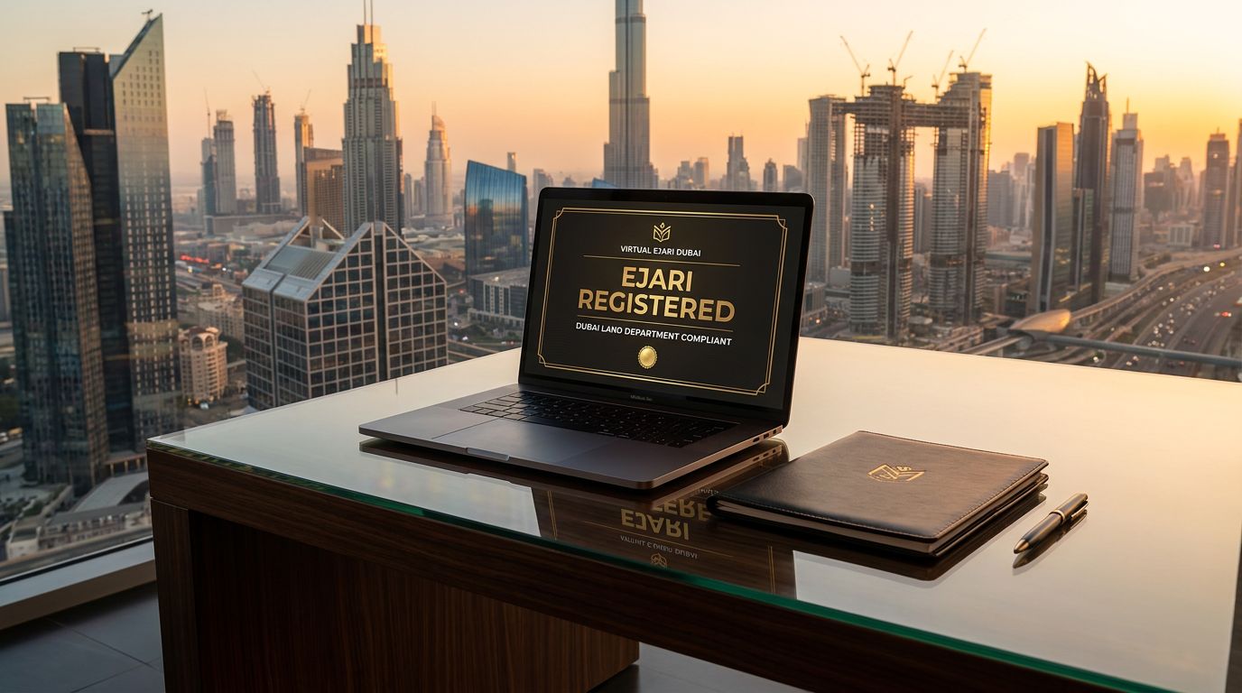 A laptop displaying 'Ejari Registered' sits on a glass desk with a notebook and pen, overlooking Dubai's skyline at sunset.