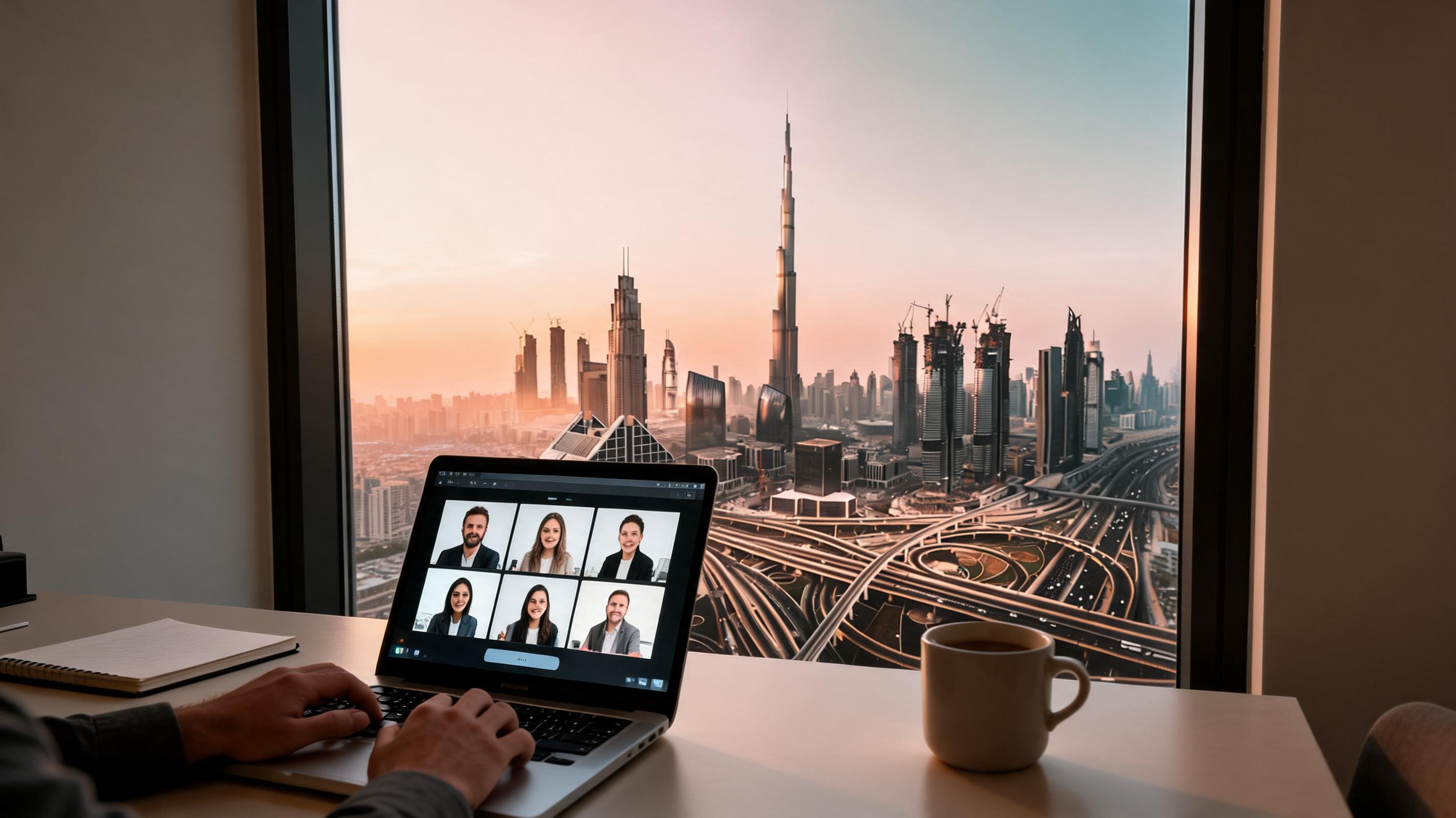 A person working on a laptop with a video call interface, overlooking a city skyline at sunset.
