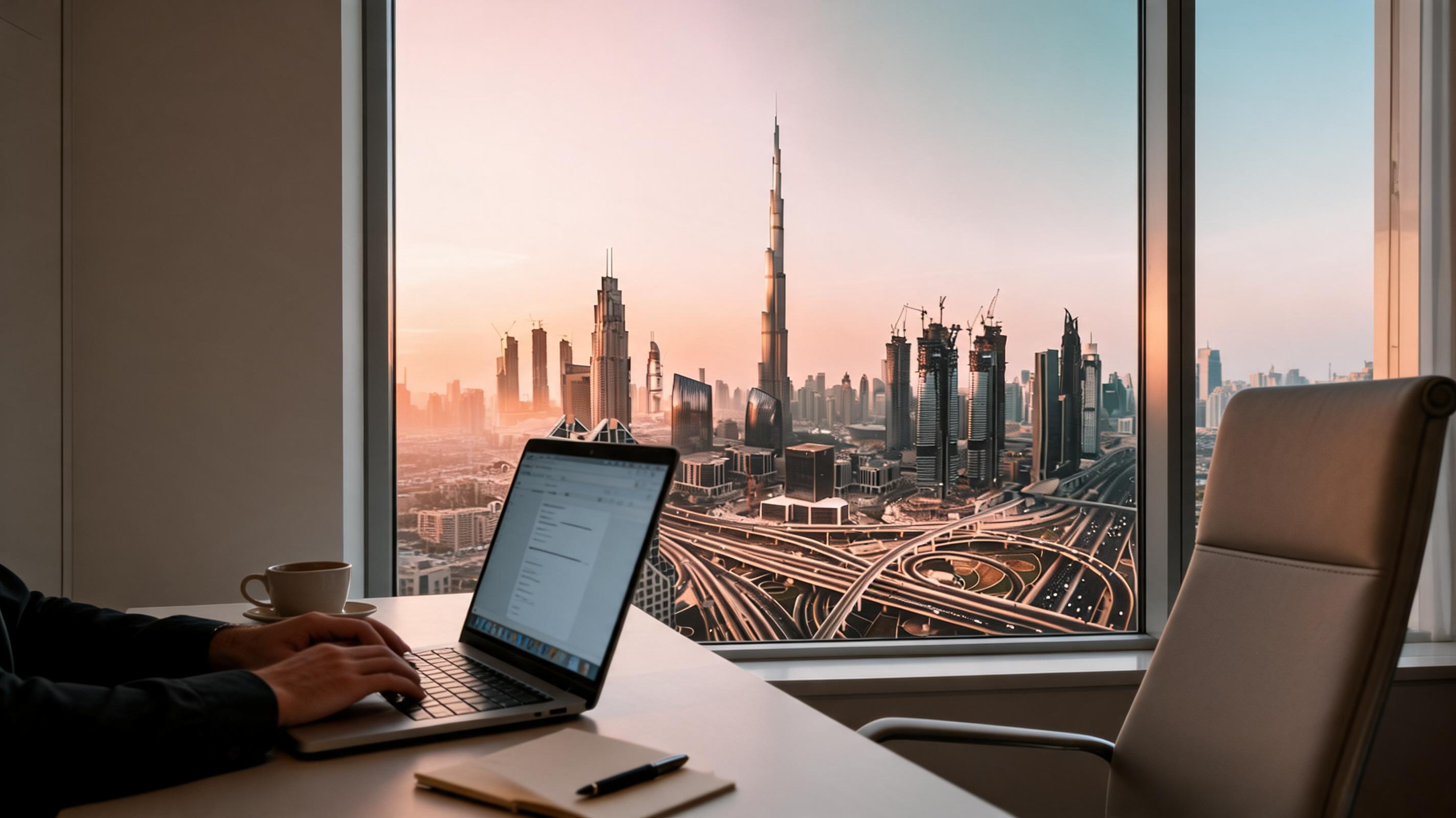 A person working on a laptop at a desk with a coffee cup, overlooking a city skyline at sunset.
