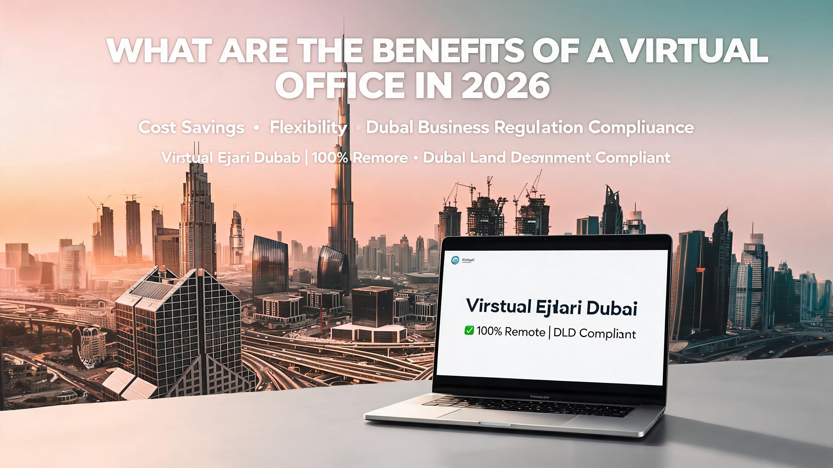 A laptop displaying a virtual office service on a desk, with a city skyline and skyscrapers in the background