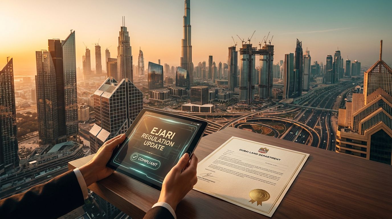 A person holding a tablet displaying 'Ejari Regulation Update' with a city skyline at sunset in Dubai.