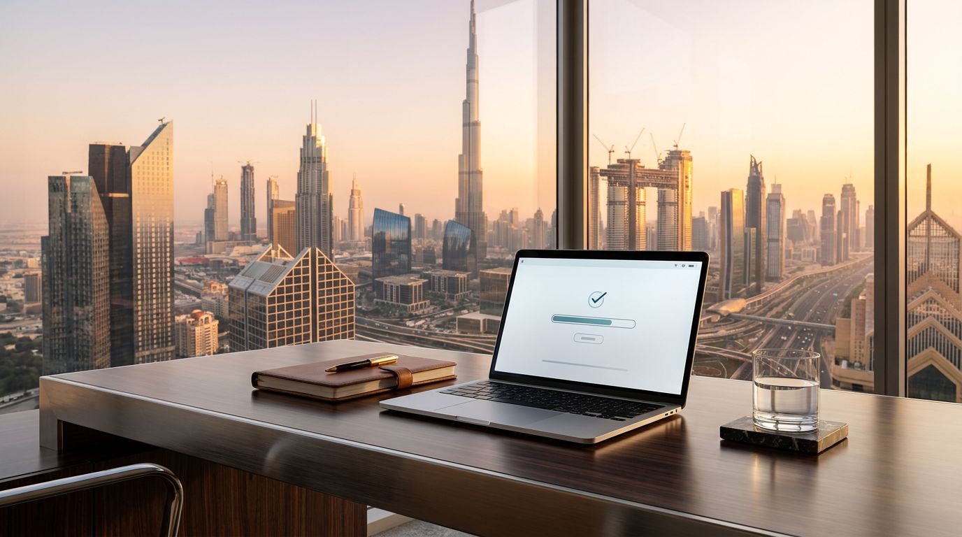 A modern office desk with a laptop displaying a loading screen, overlooking a Dubai skyline at sunset.