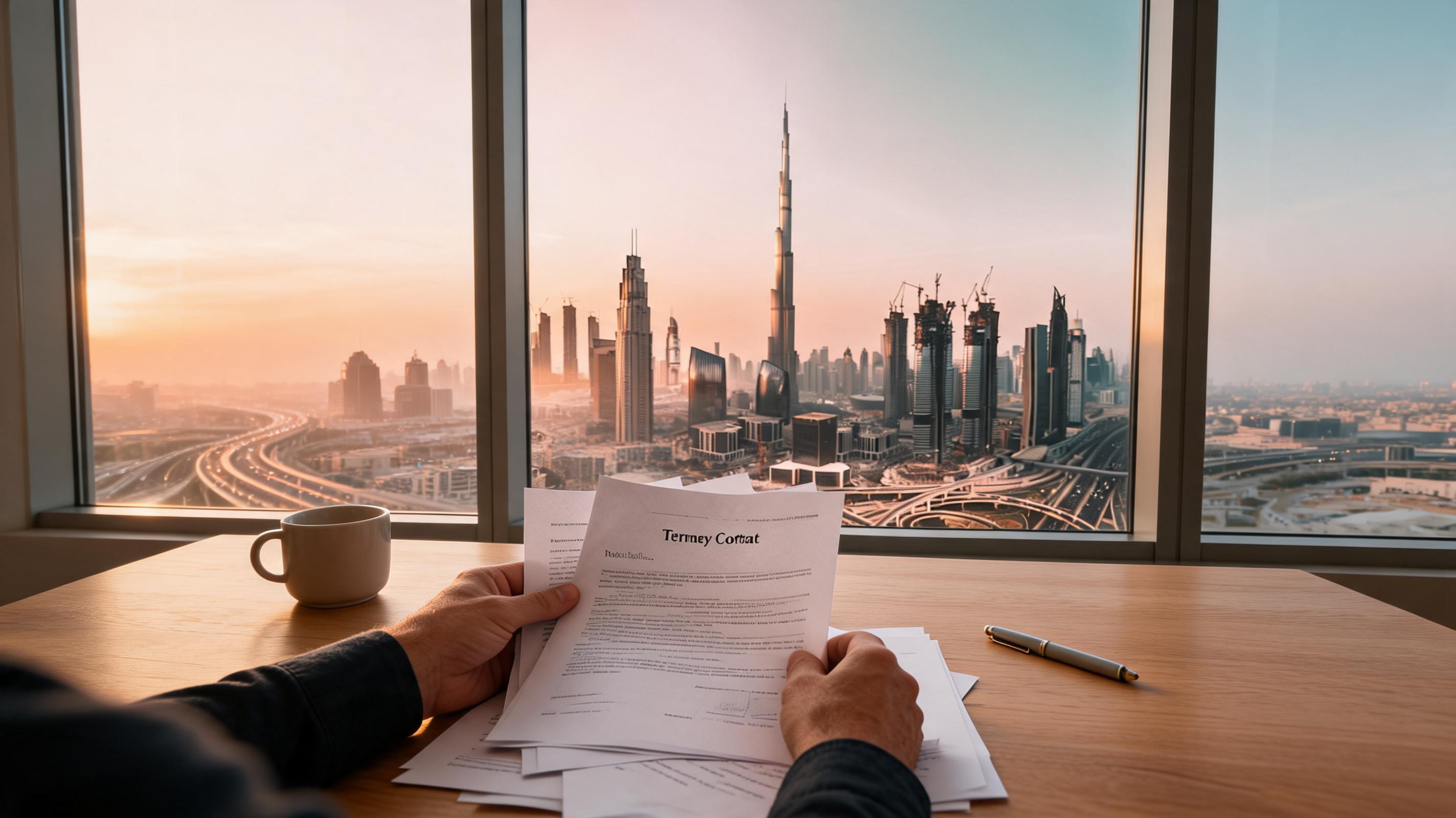 A person holds a tenancy contract while seated at a desk overlooking Dubai's skyline at sunset.