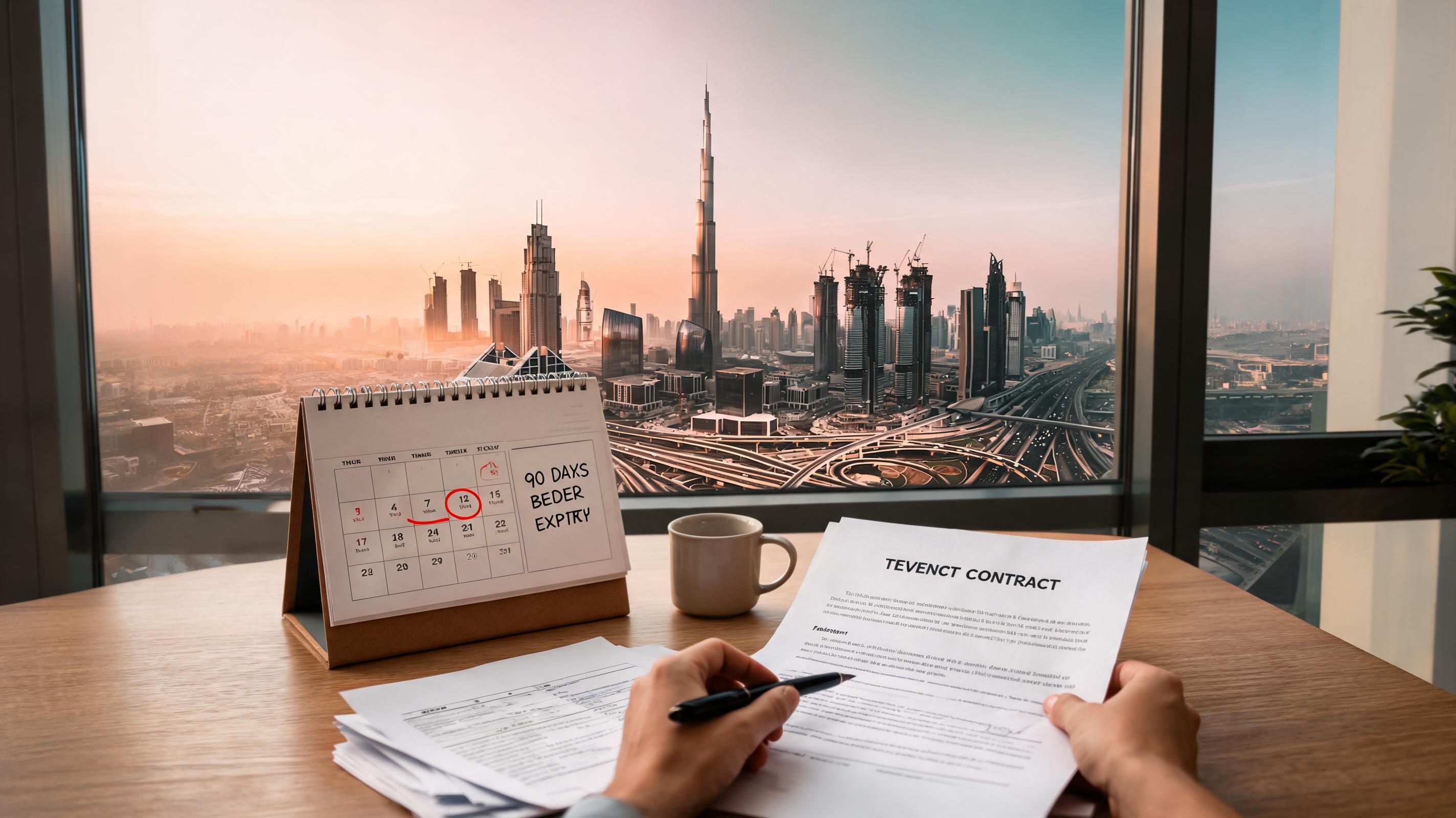 A person reviewing tenancy contract documents with a calendar and coffee cup, overlooking Dubai's skyline.