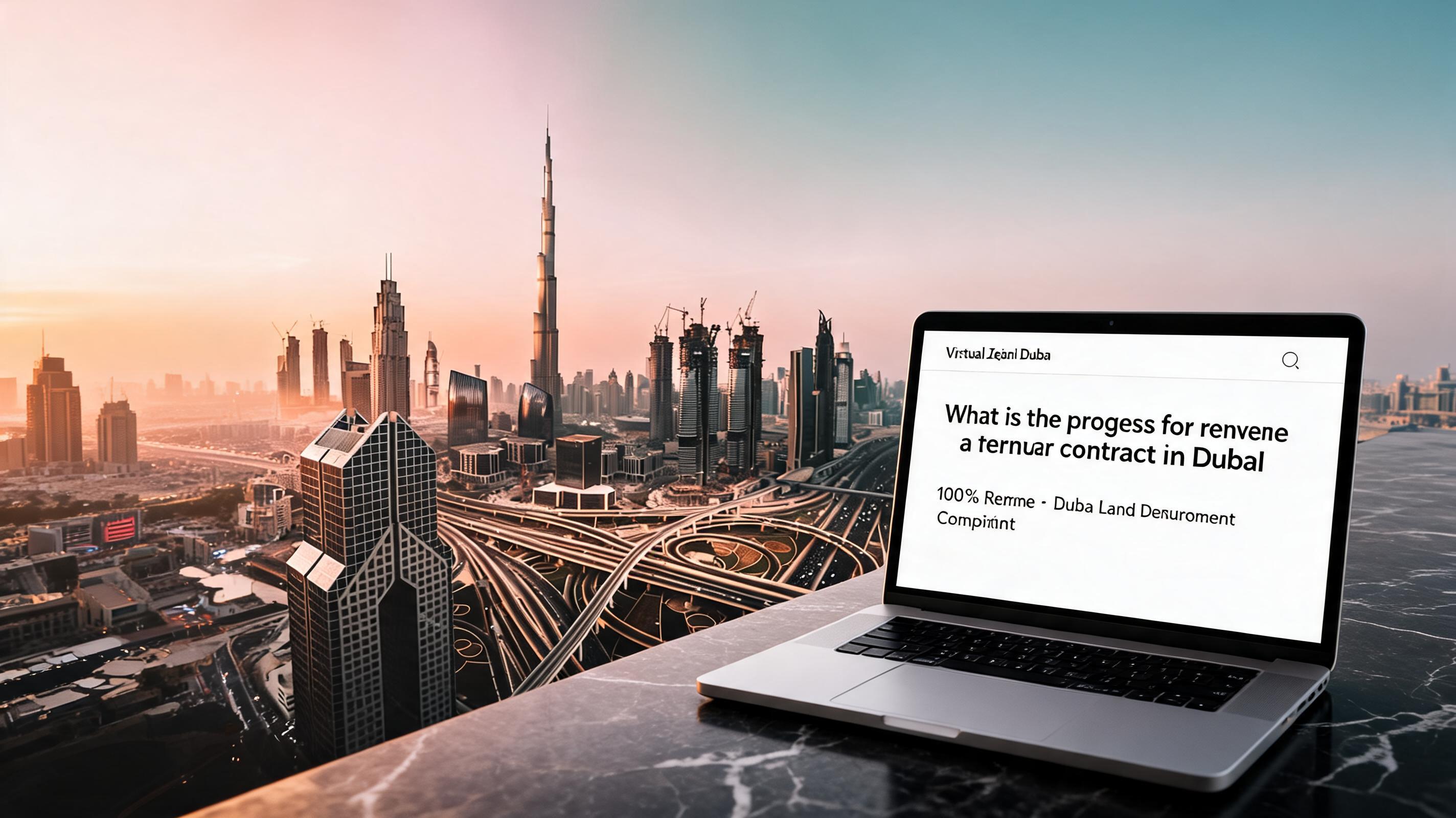 A laptop on a marble surface displays a webpage about renewing a tenancy contract in Dubai