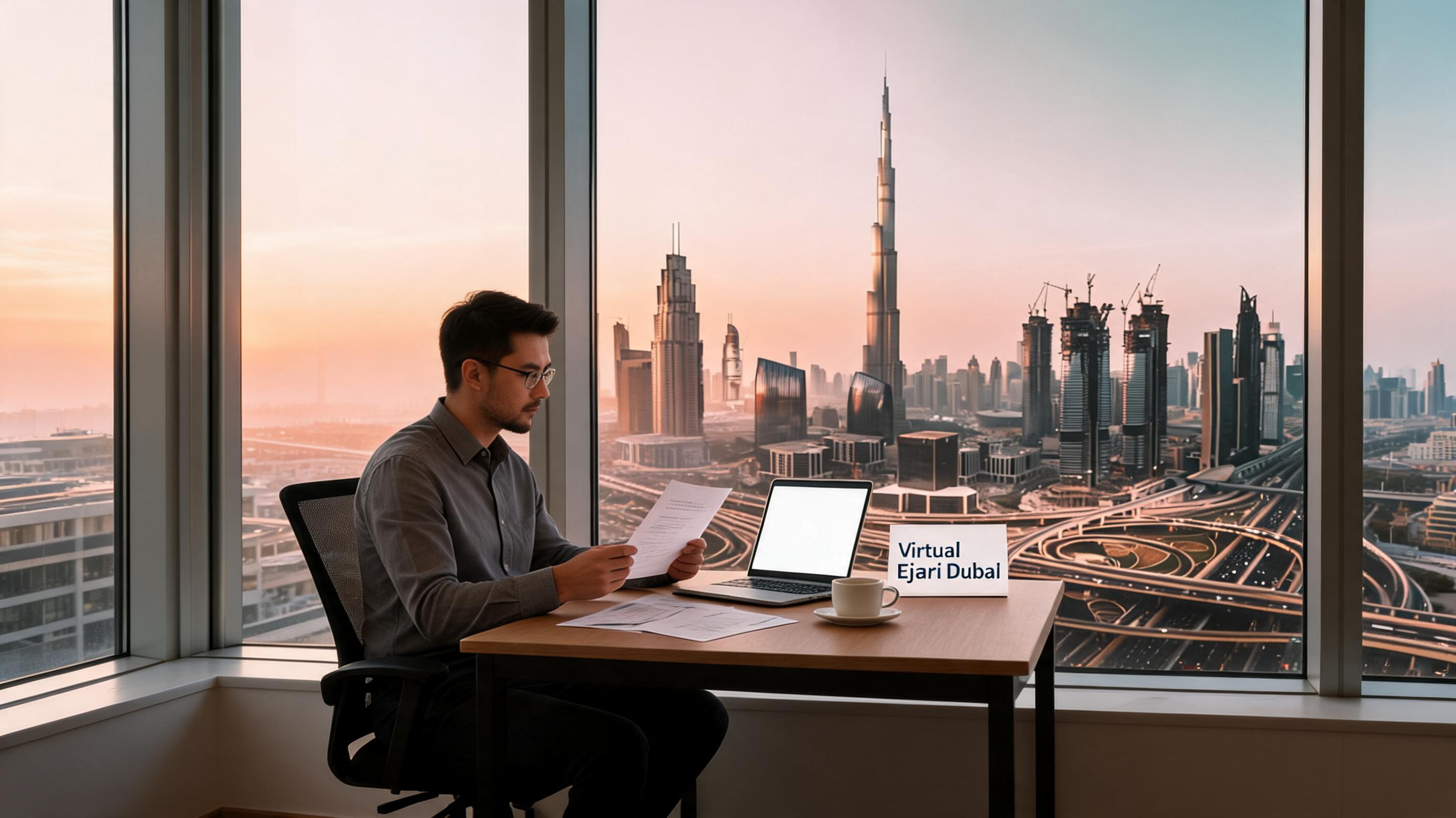 A man reviews documents at a desk with a laptop, overlooking Dubai's skyline at sunset.