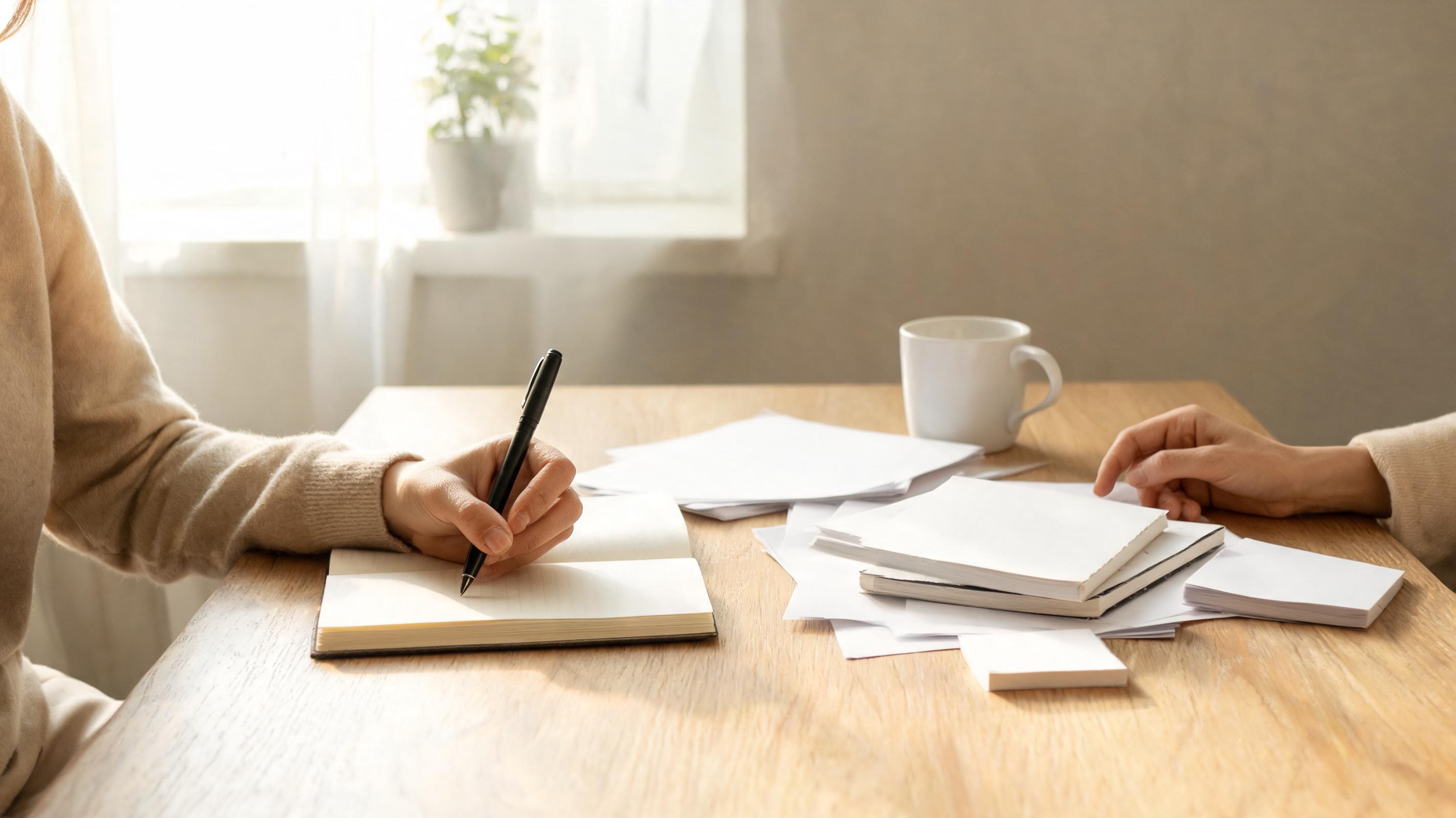 A person in a cozy setting writes in a notebook while another hand rests on a table with scattered papers and a coffee cup.