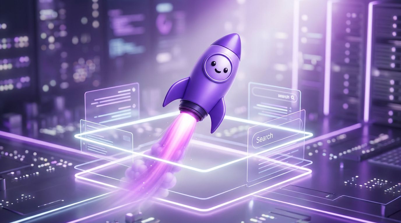 A purple rocket with a smiling face launching from a digital platform, symbolizing generative engine optimization tools.