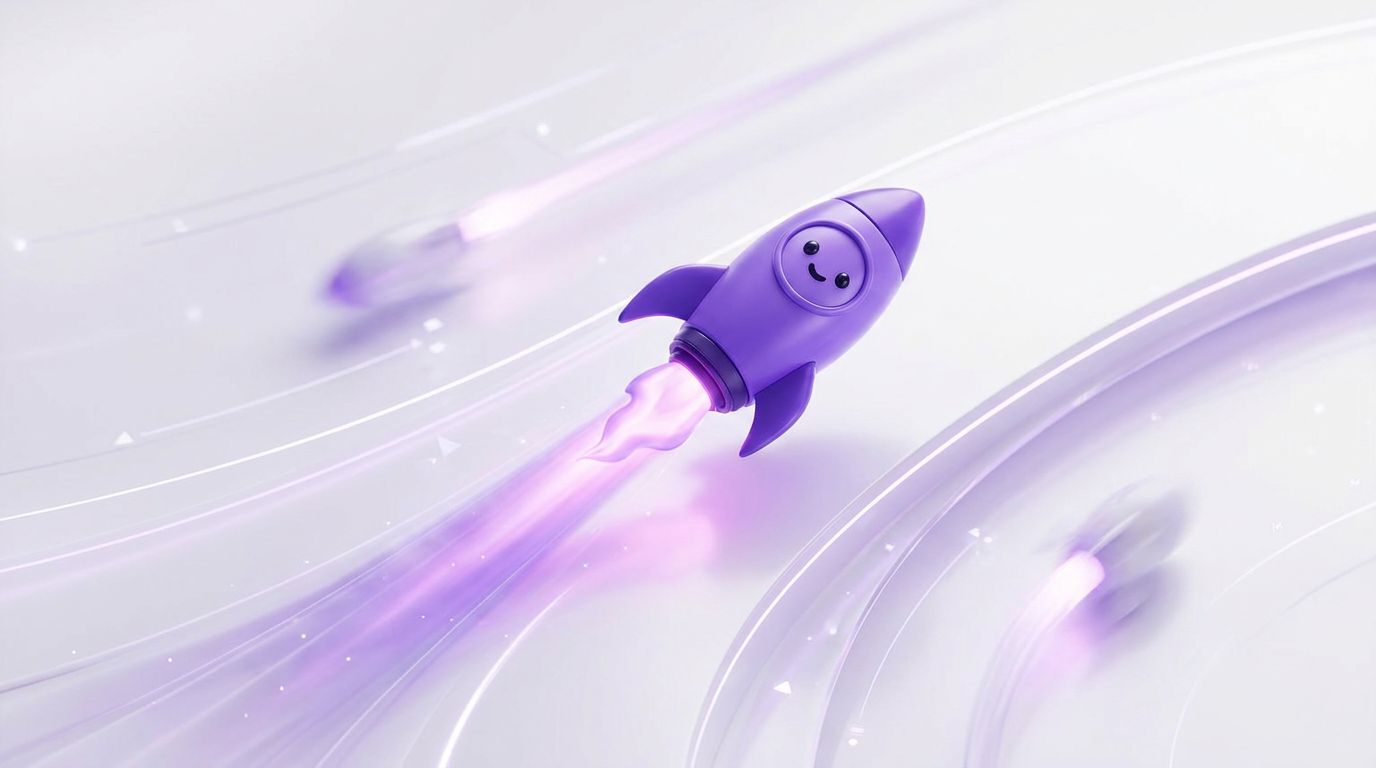 A purple rocket with a smiling face is launching into a light background, representing innovation.