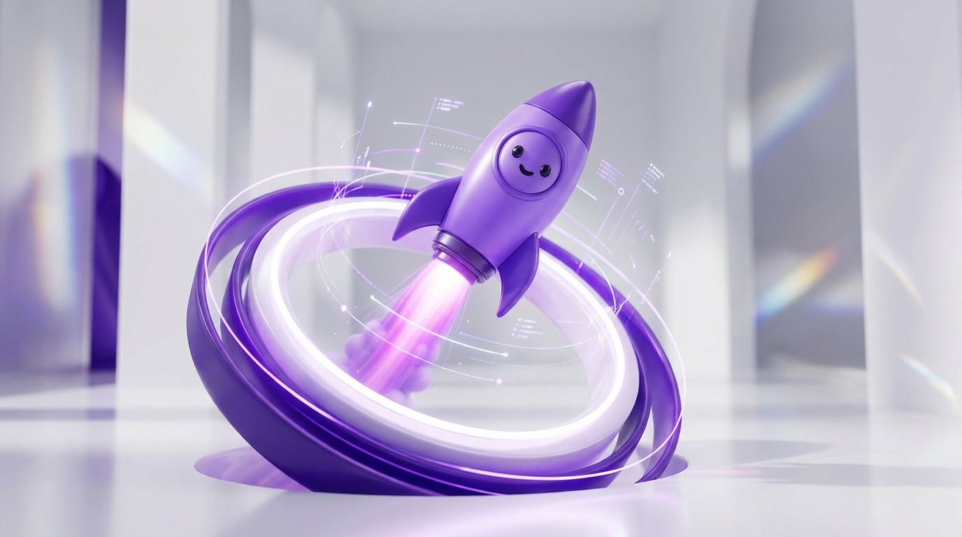 A purple rocket with a smiling face launching from a circular platform, surrounded by digital effects.