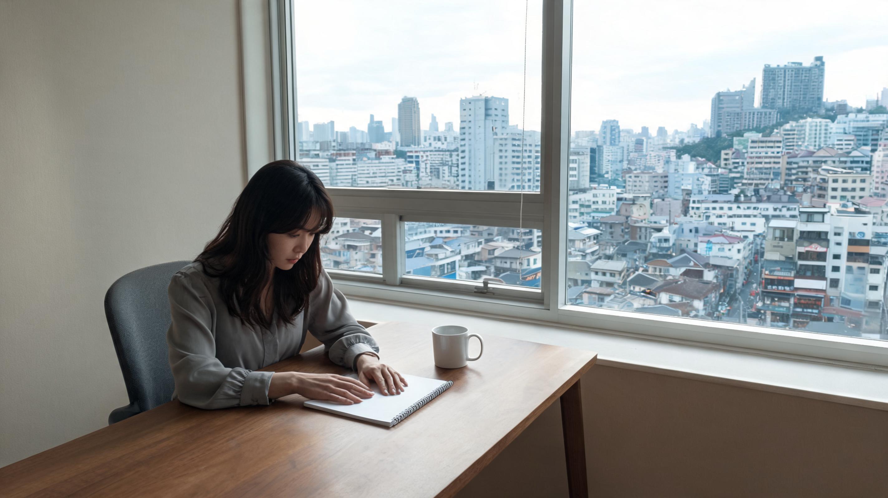 A woman sits at a wooden desk in a modern office, writing in a notebook