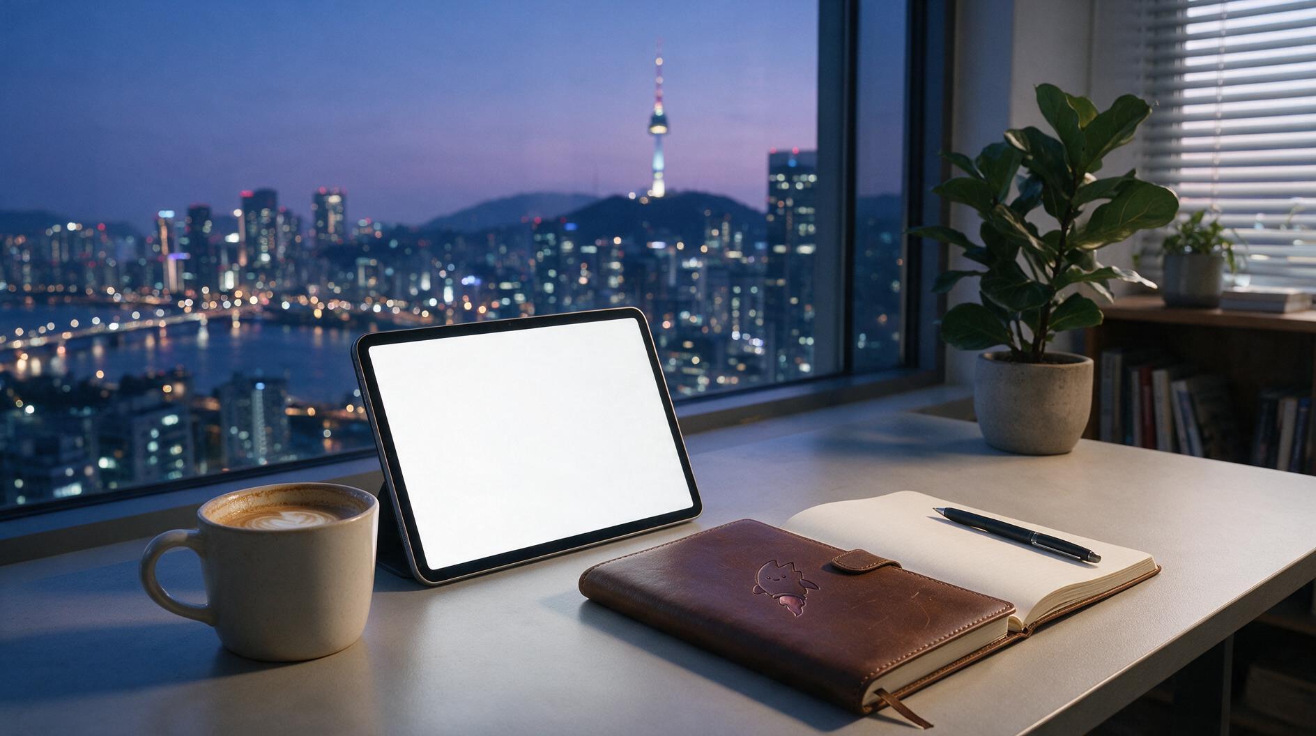 A cozy workspace with a tablet, notebook, and coffee cup, overlooking a city skyline in Seoul at dusk.
