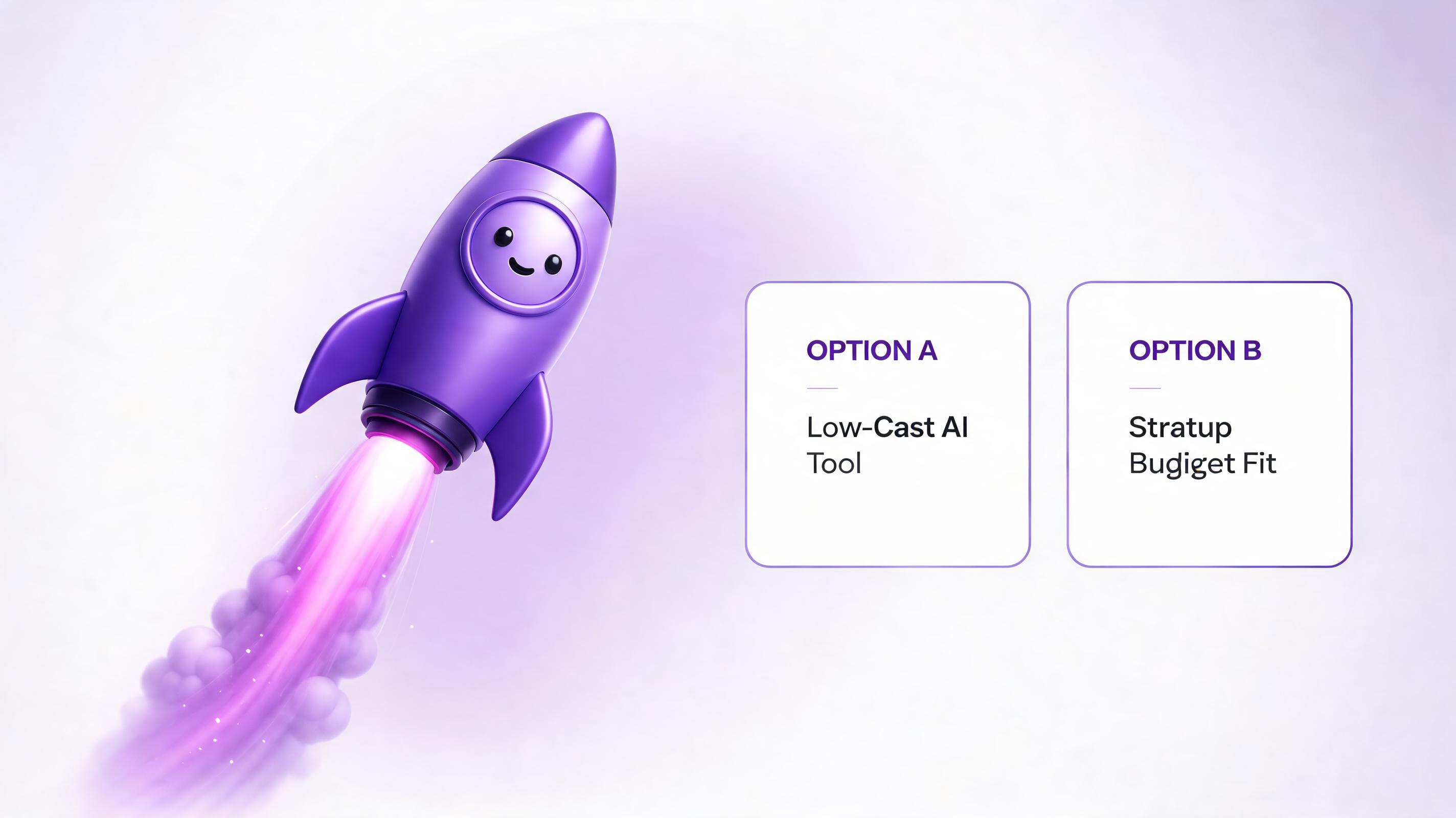 A cheerful purple rocket launching with pink flames, alongside two options labeled for startups.