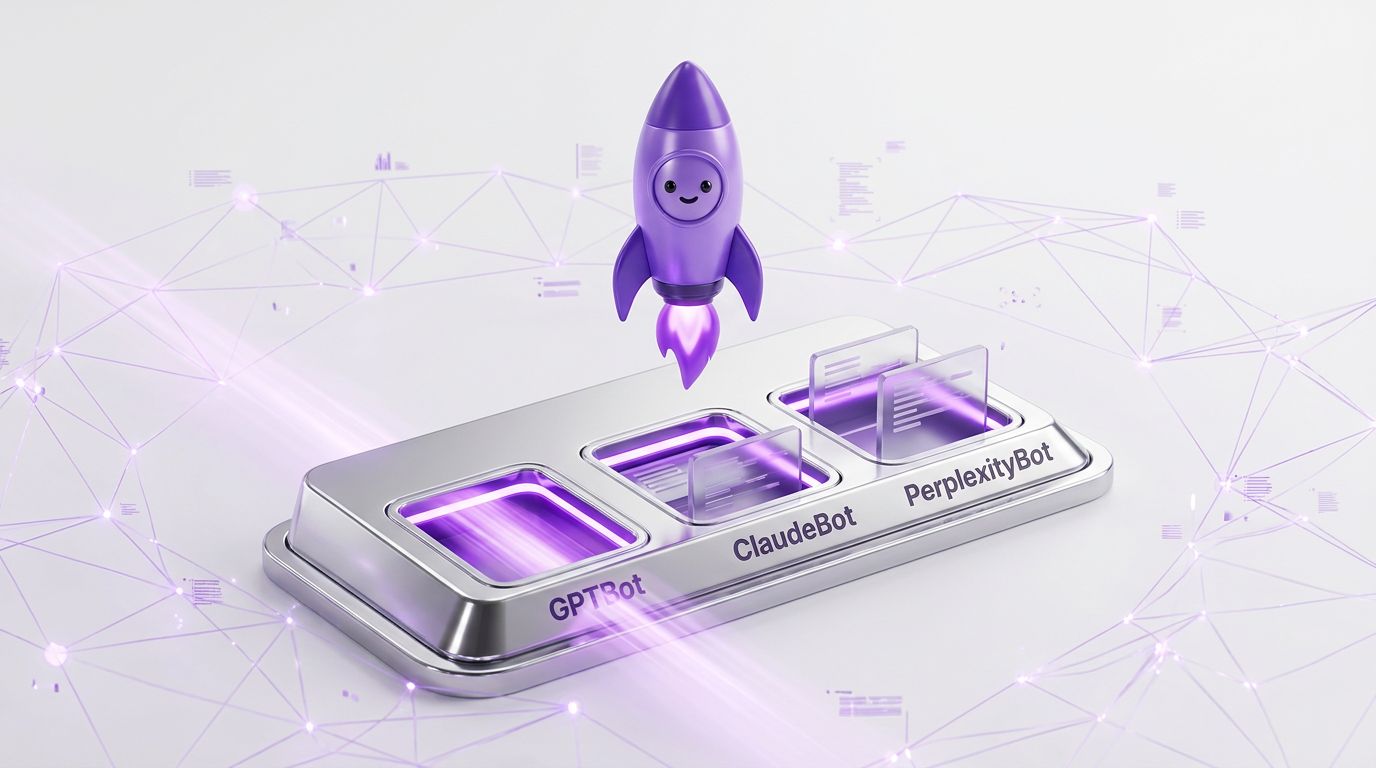 A sleek metallic panel with three labeled slots for GPTBot, ClaudeBot, and PerplexityBot, featuring a purple rocket above