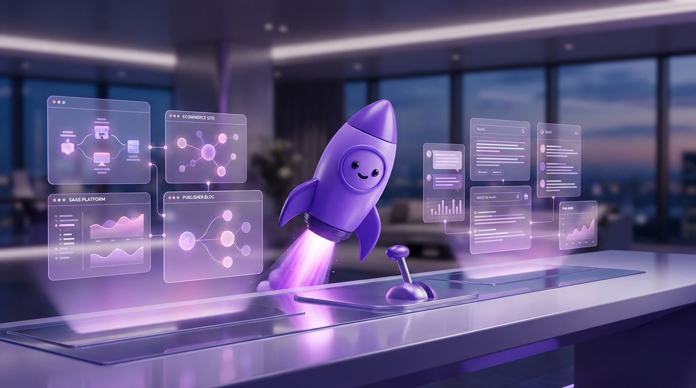 A purple rocket with a smiling face launches from a sleek control panel