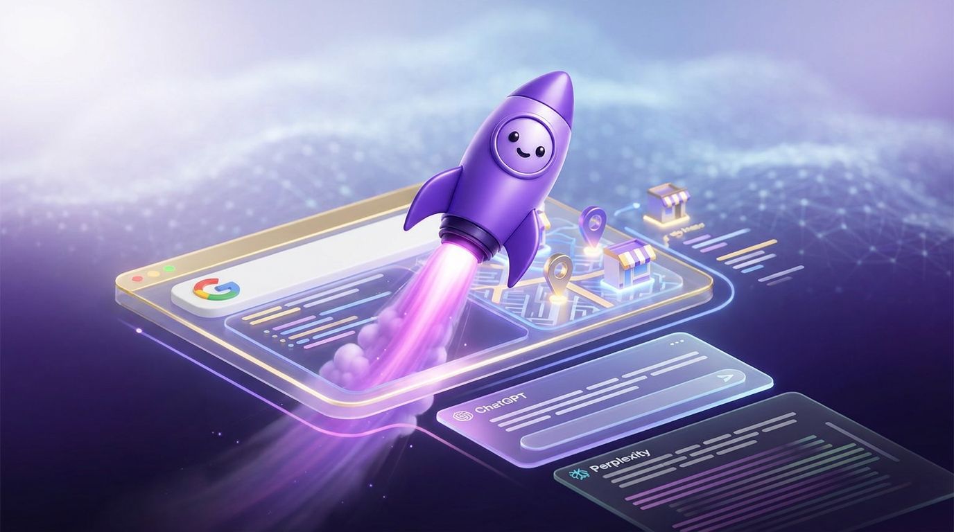A cheerful purple rocket launching from a computer screen, symbolizing local business visibility in AI with icons