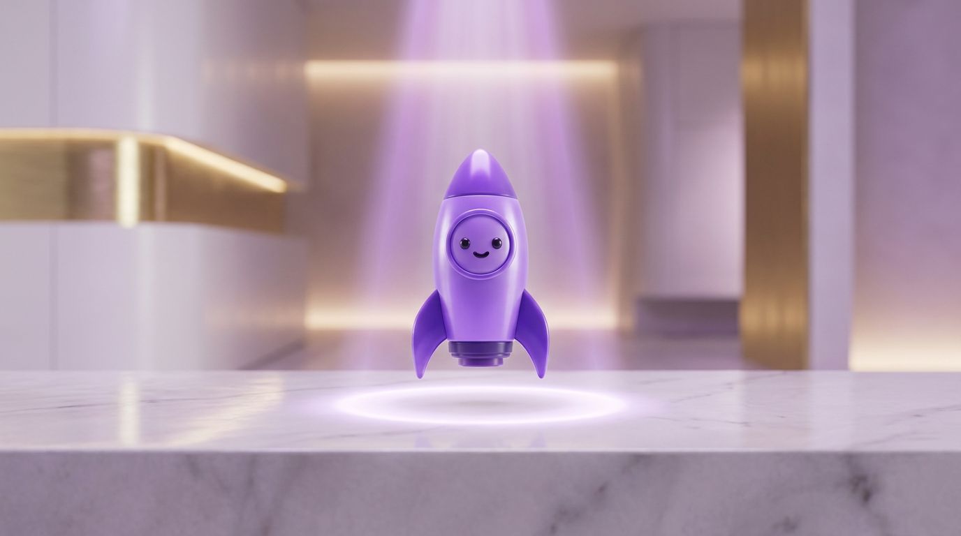 A cute purple rocket toy with a smiling face, hovering above a glowing circular light on a marble surface.