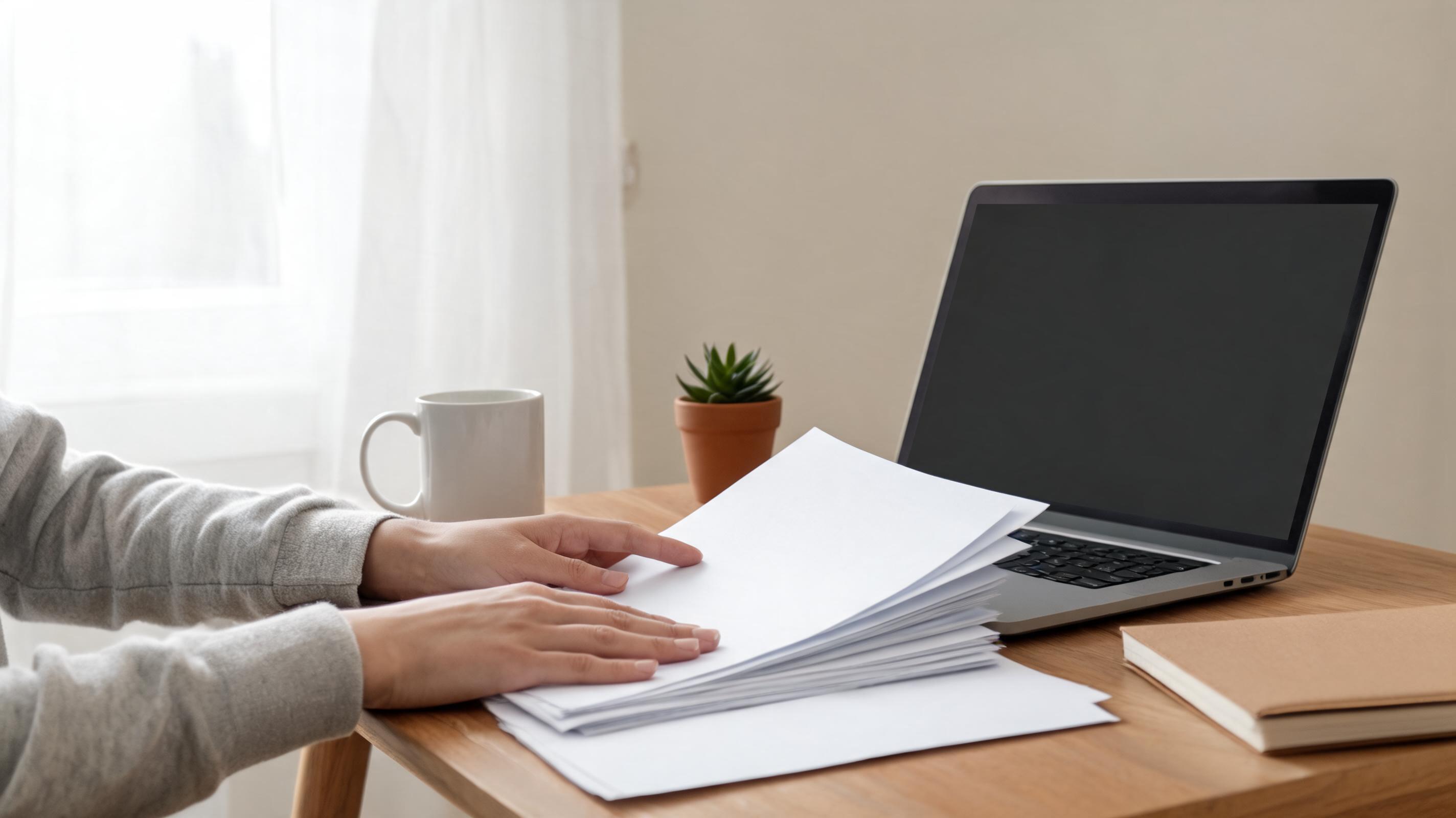 A person sorting through a stack of papers next to a laptop and a small potted plant on a wooden desk.