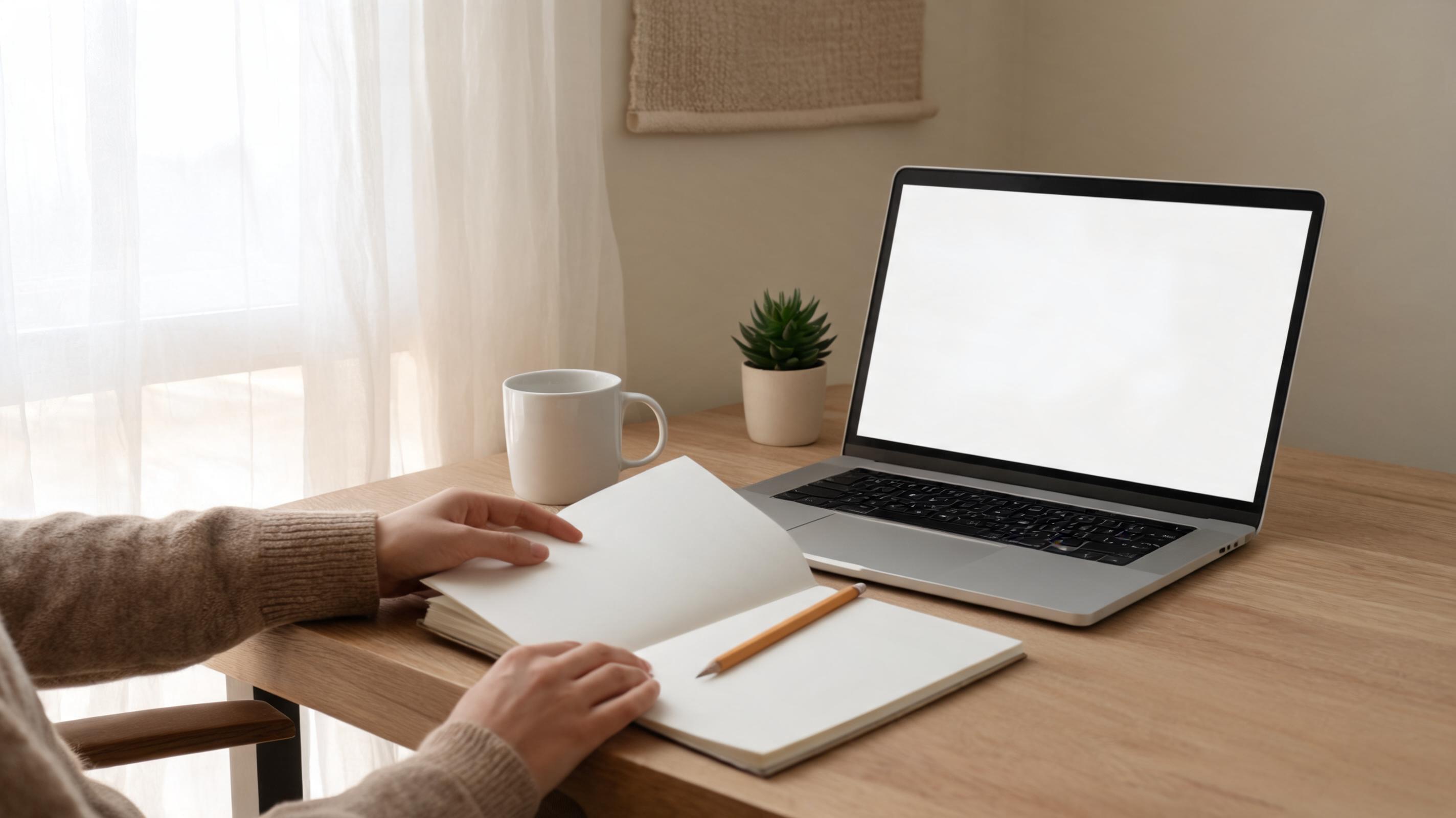 A cozy workspace featuring a laptop with a blank screen, an open notebook, a pencil, a coffee cup, and a small plant.