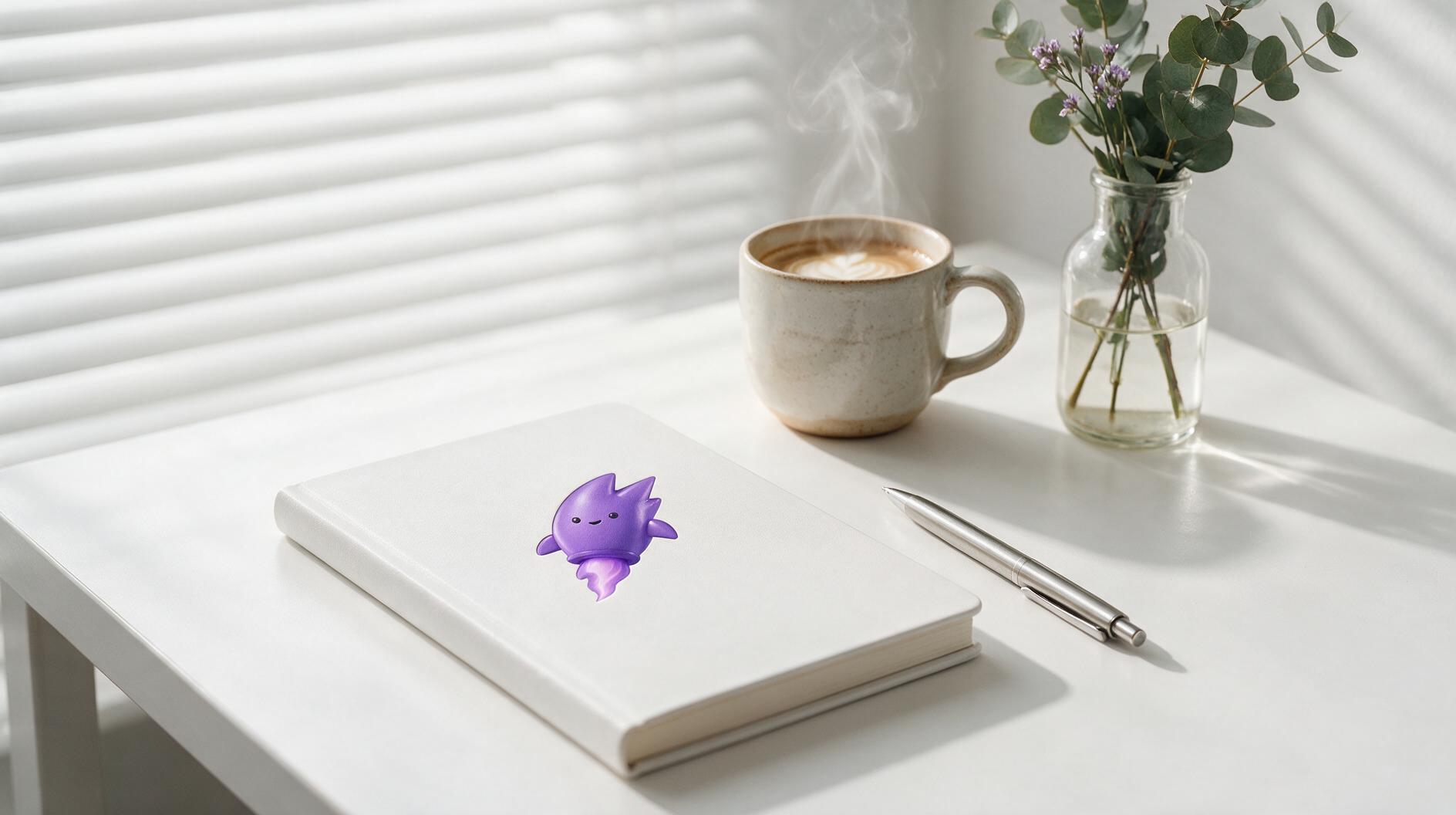 A white notebook with a purple cartoon character on it, a steaming cup of coffee