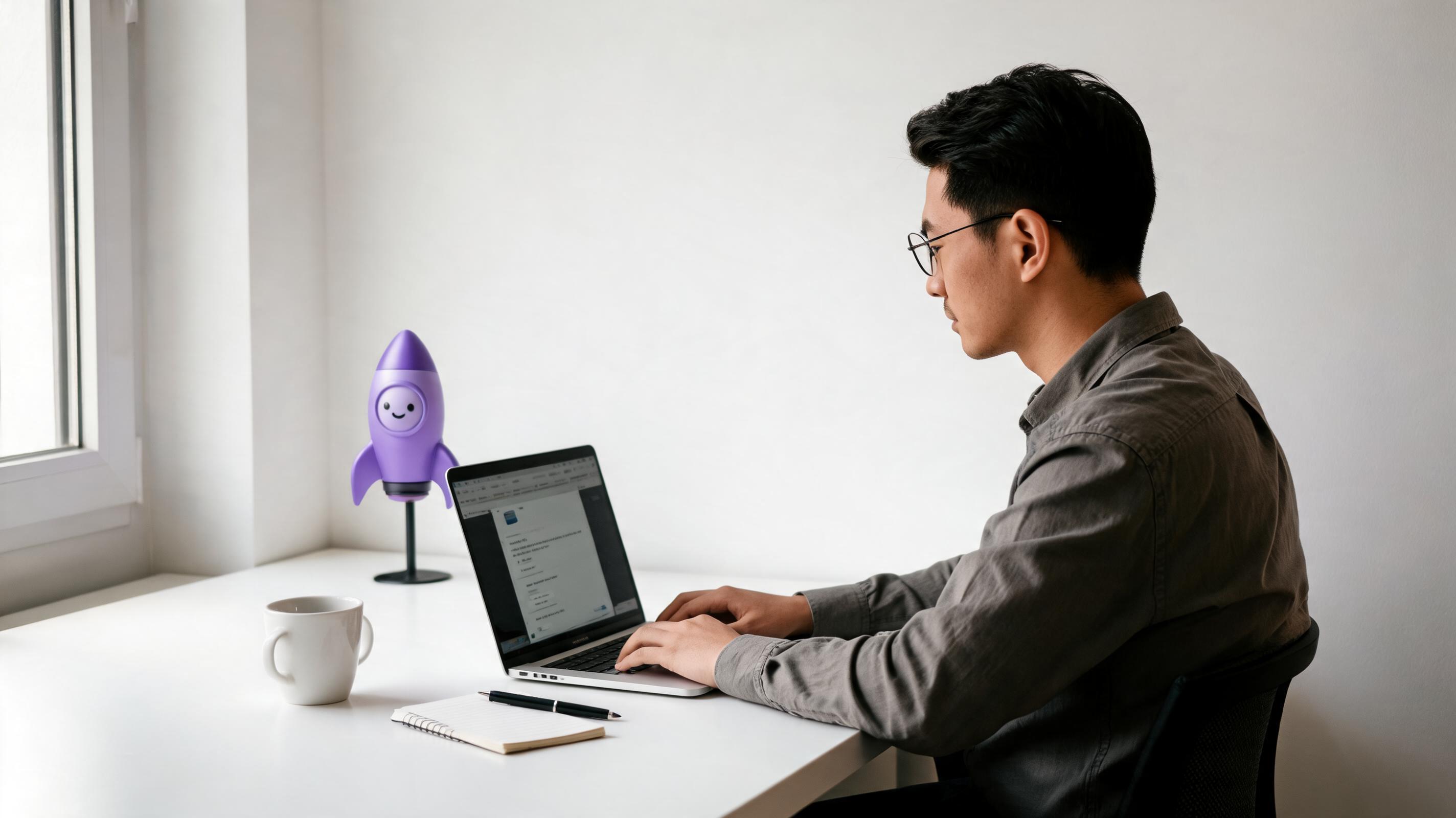 A person working at a desk with a laptop, a notebook, a cup, and a purple rocket figurine, focusing on SEO visibility.