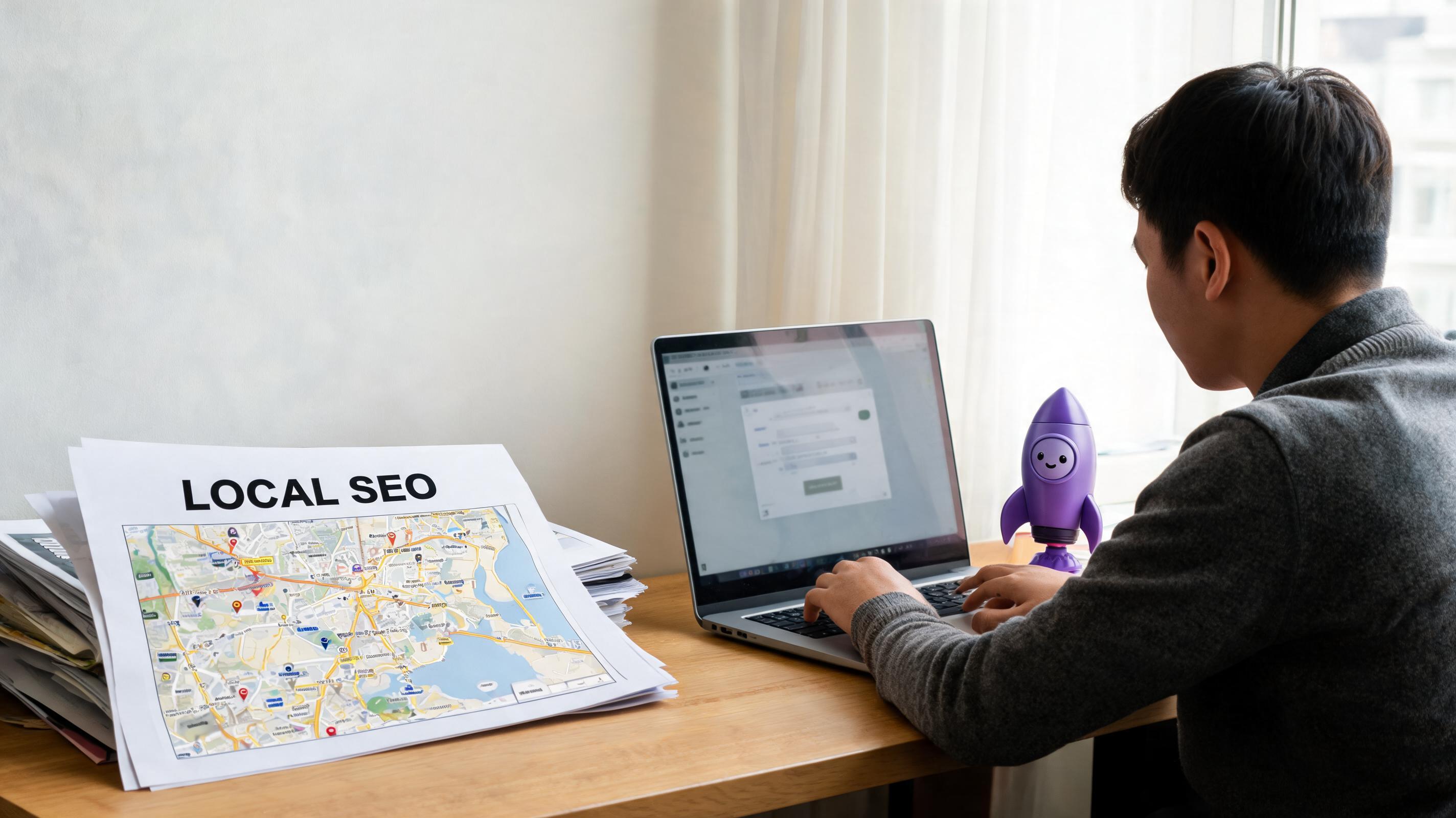A person sitting at a wooden desk working on a laptop, with a large map labeled 'LOCAL SEO' and a purple rocket figurine