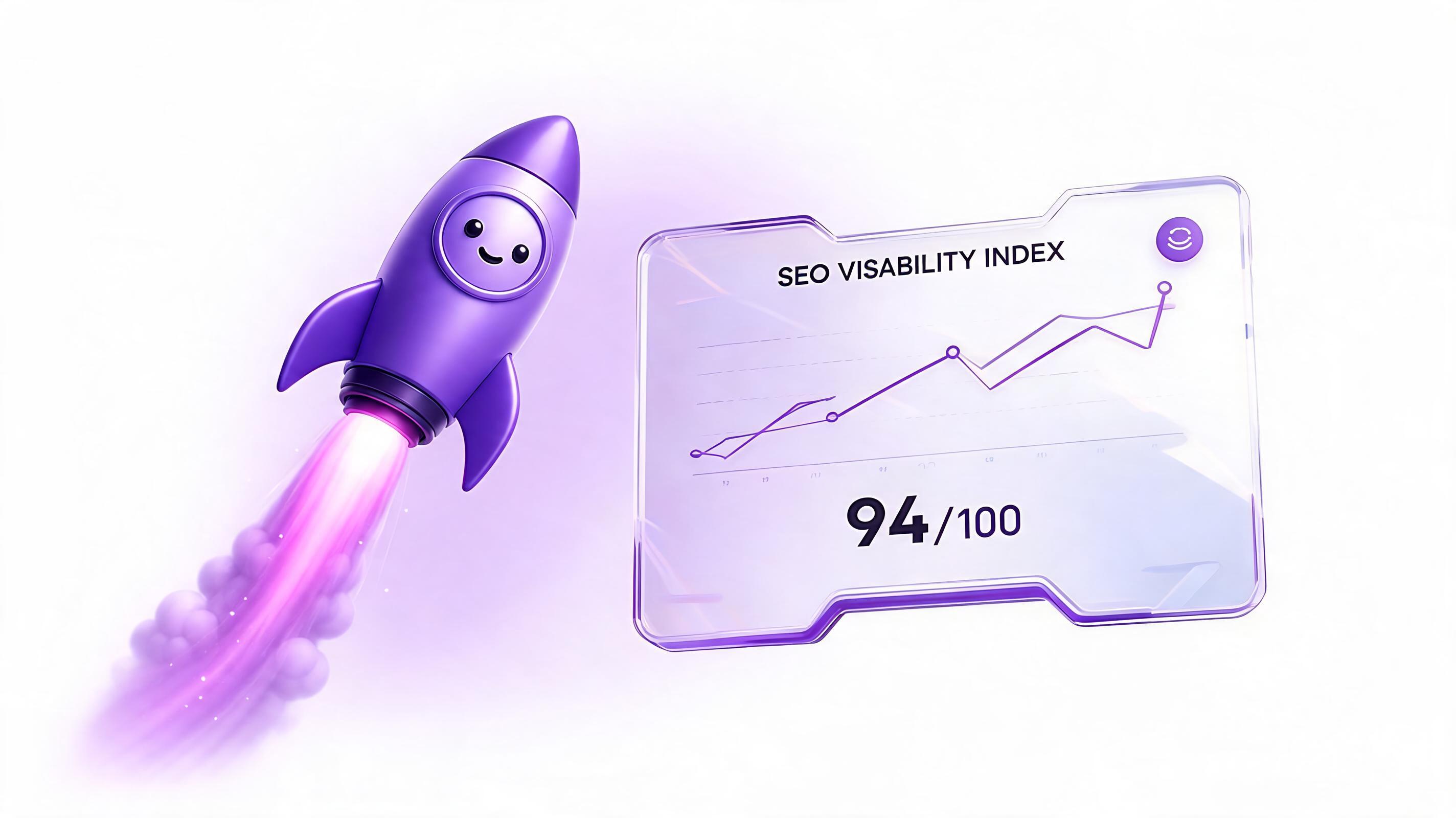 A purple rocket with a smiling face is launching next to a transparent display showing an SEO visibility index of 94 out of