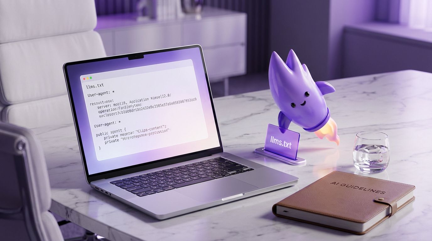 A laptop displaying code for an llms.txt file sits on a desk next to a notebook and a glass of water
