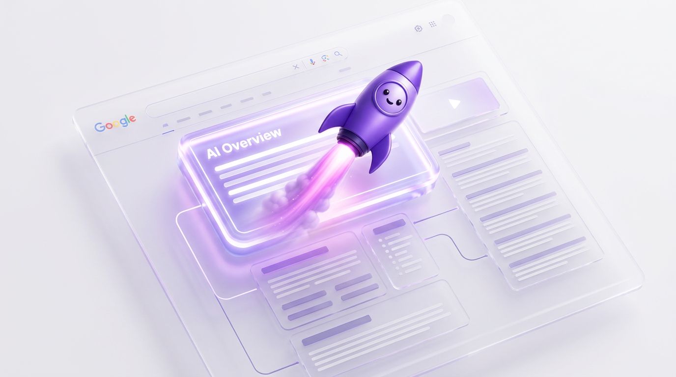 A playful purple rocket with a smiling face launching from a digital interface labeled 'AI Overview'.