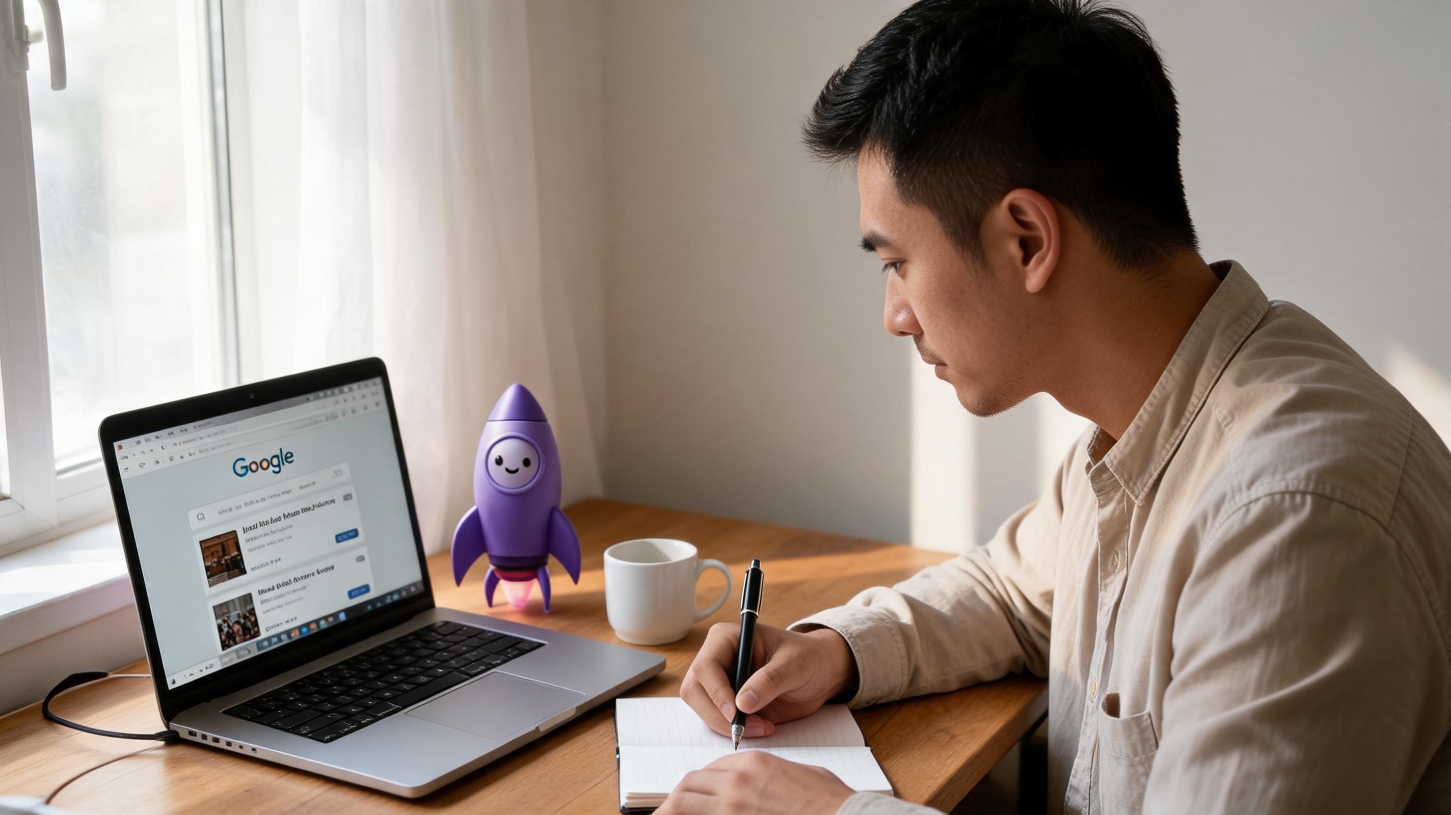 A young man sits at a wooden desk, writing in a notebook while using a laptop with Google open