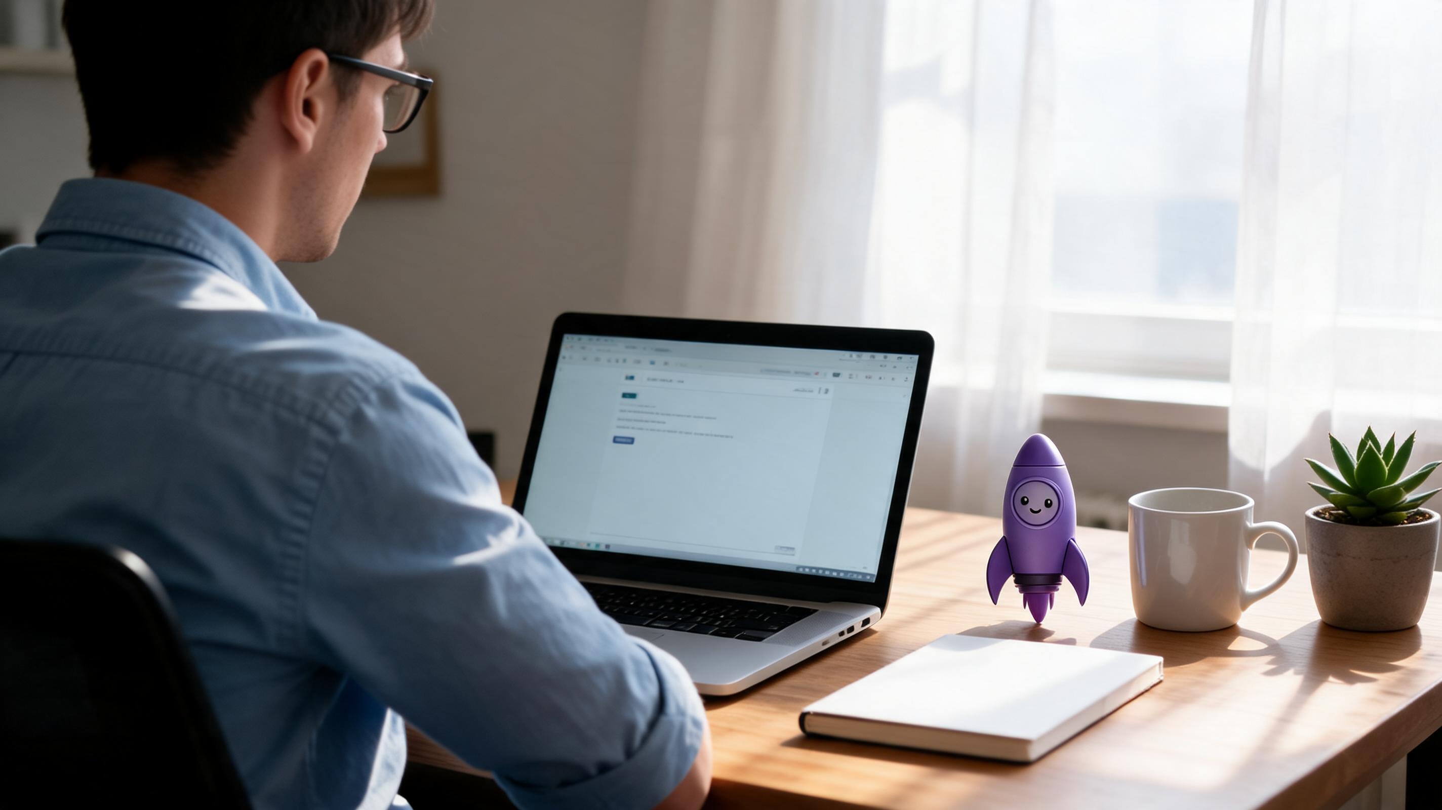 A person sitting at a wooden desk working on a laptop, with a purple rocket figurine, a white mug, and a small plant nearby