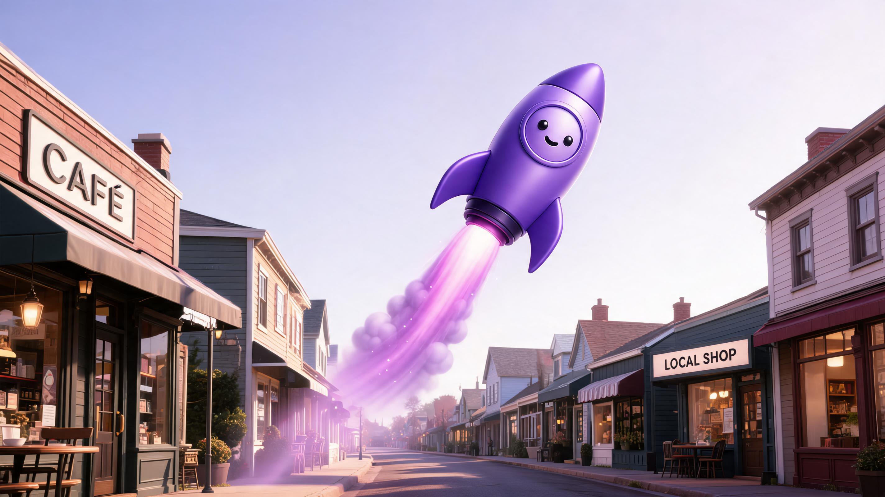 A cheerful purple rocket launching into the sky above a quaint street lined with small shops and a café