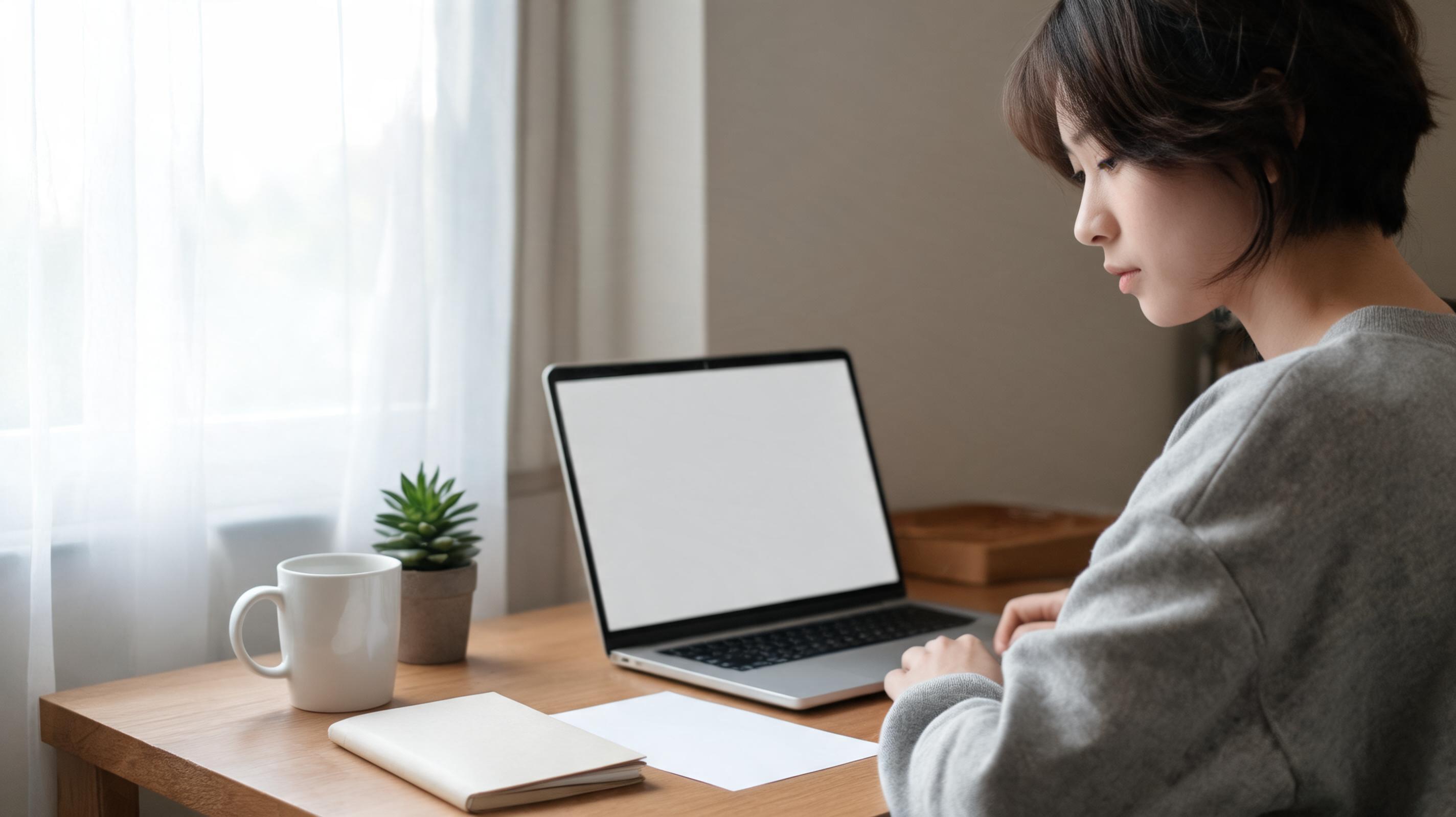 A woman sits at a wooden desk with a laptop, a notebook, and a plant, focusing on improving her online presence.