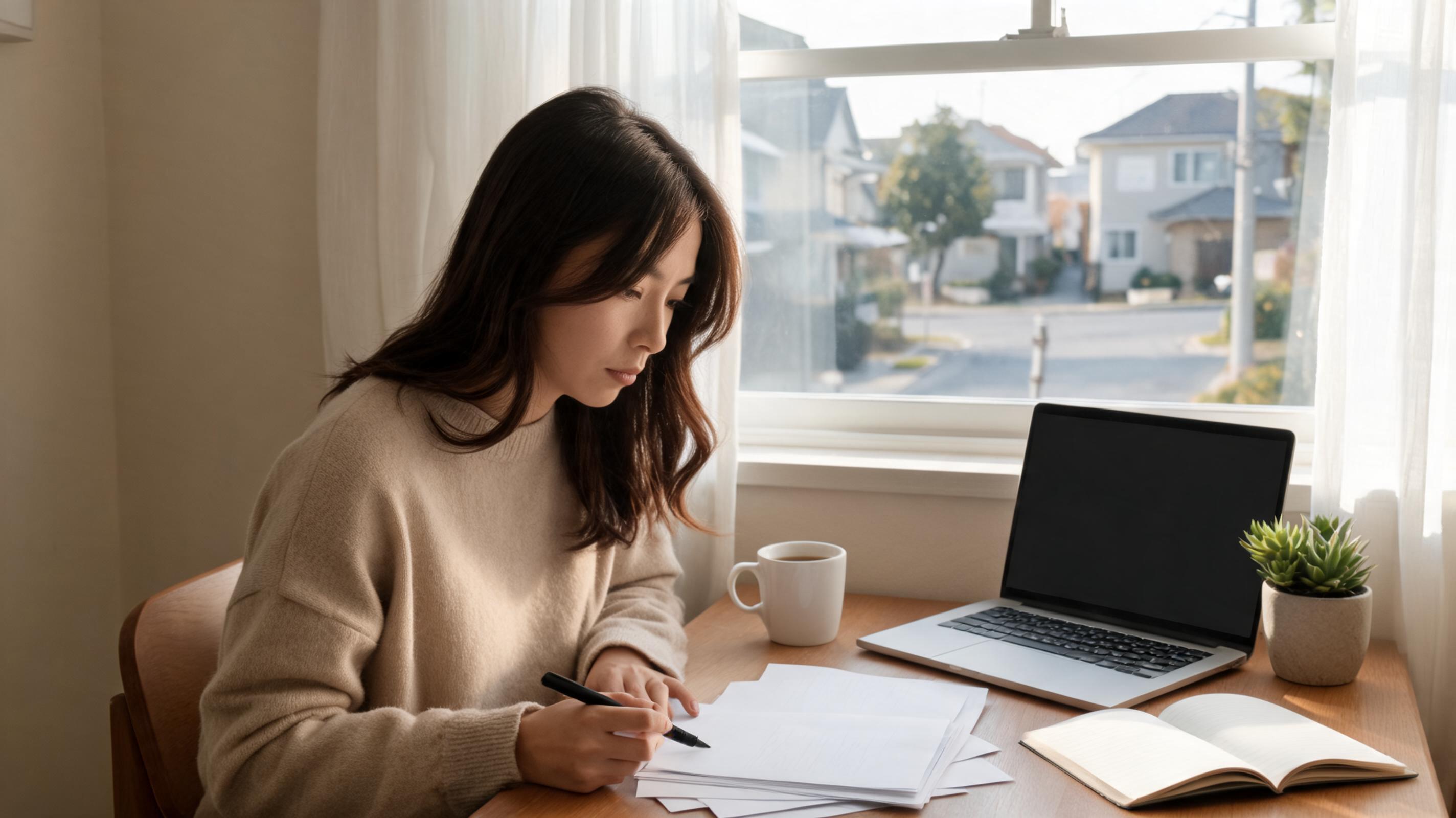 A woman in a cozy sweater sits at a wooden table, writing notes with a pen, a laptop and a coffee cup nearby