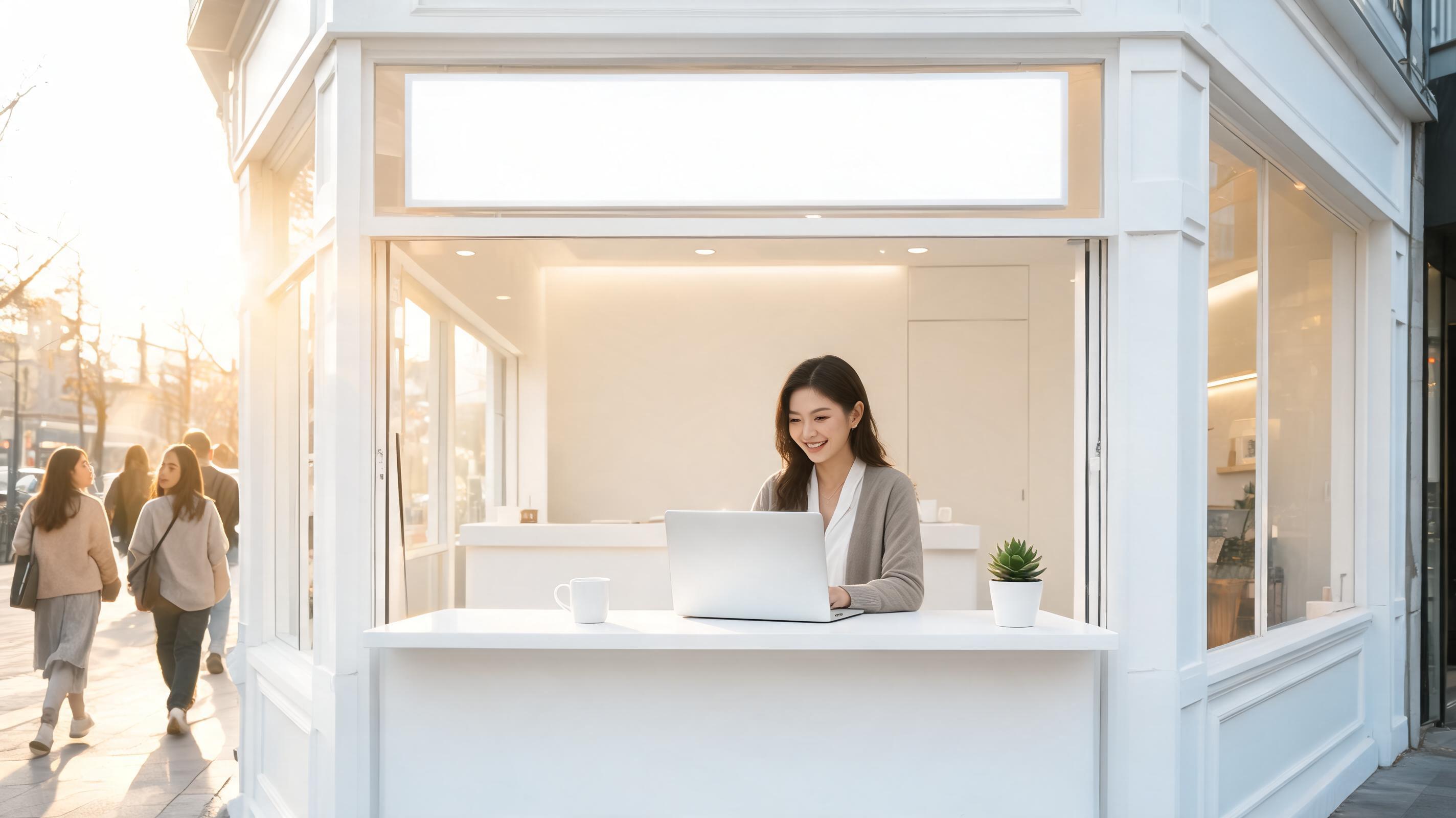 A woman working on a laptop at a bright, modern storefront with a welcoming atmosphere, as pedestrians walk by.