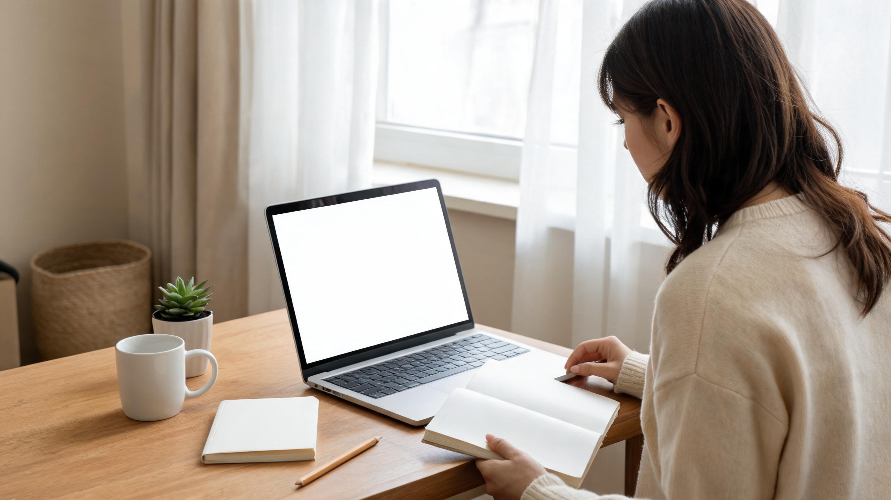 A woman sits at a wooden table with a laptop, notebook, and coffee cup, focusing on improving brand visibility with AI.