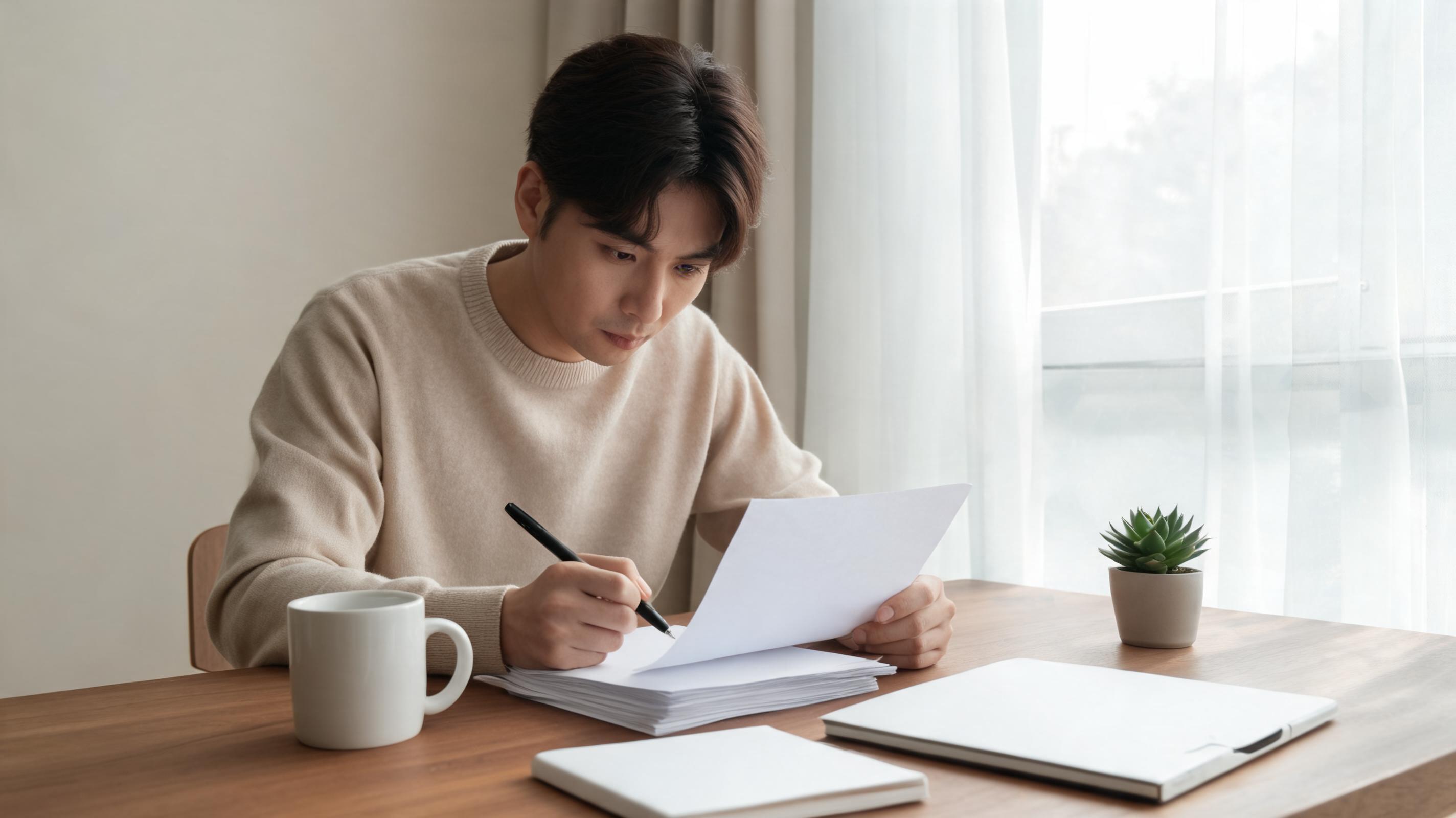 A young man in a beige sweater sits at a wooden table, reviewing papers with a pen, a coffee mug nearby