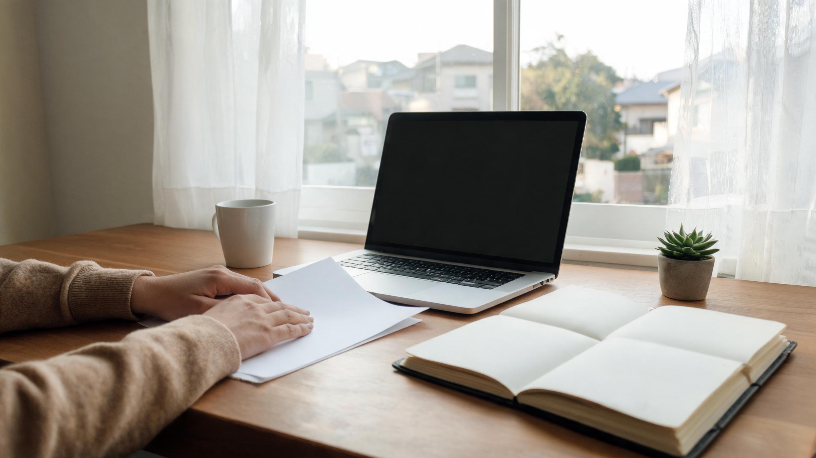 A person with hands on a stack of papers sits at a wooden desk with a laptop, a cup, and an open book by a window.