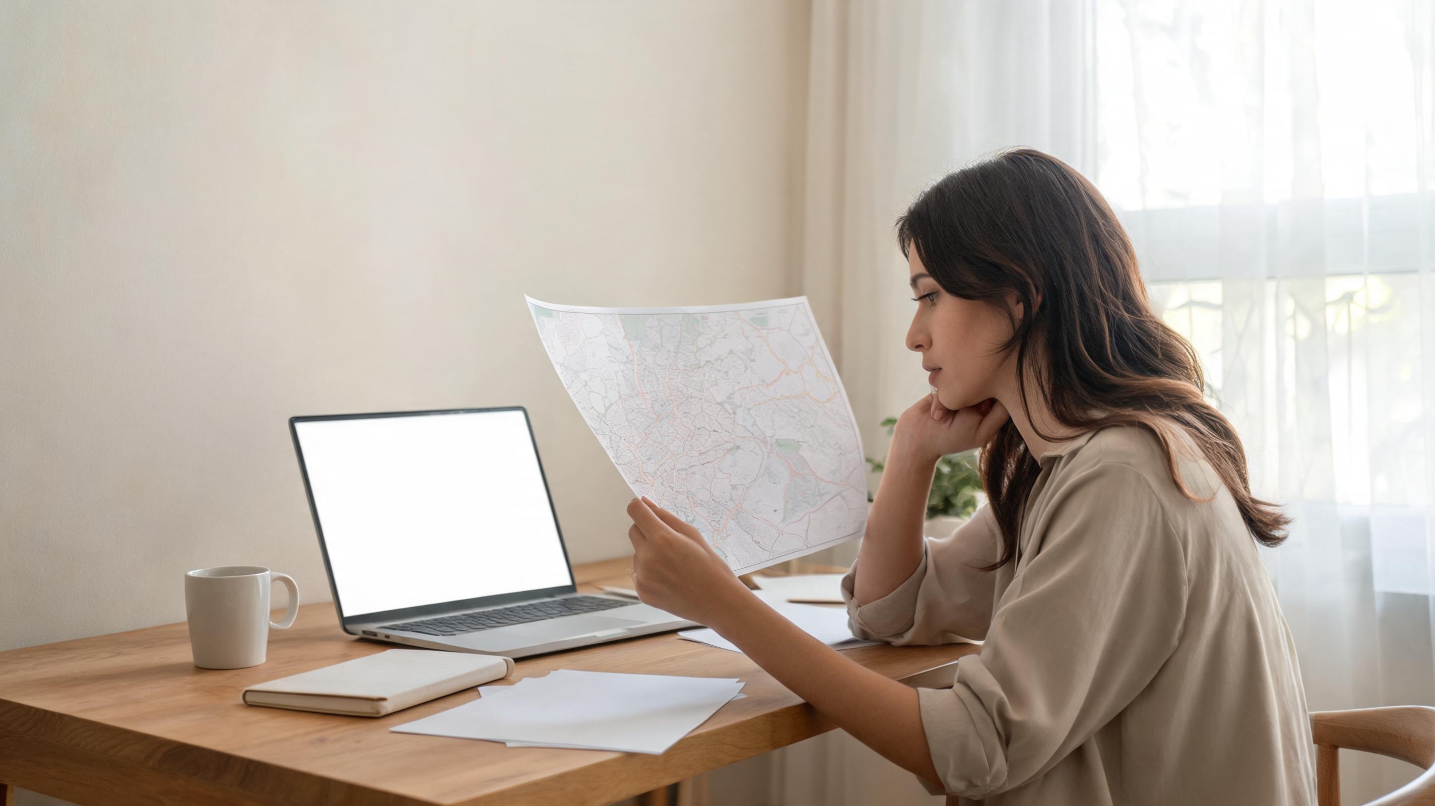 A woman studies a map while sitting at a wooden desk with a laptop and a cup of coffee, reflecting on challenges.