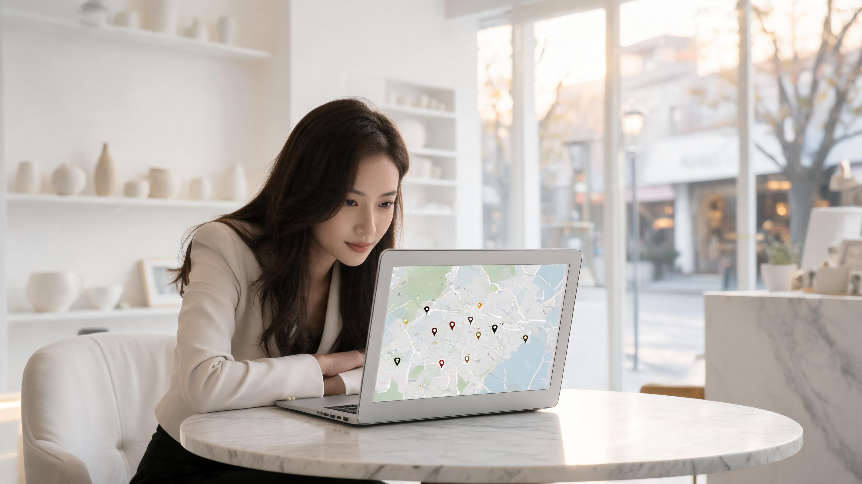 A woman in a white blazer focuses on a laptop displaying a map with location markers, in a bright café.